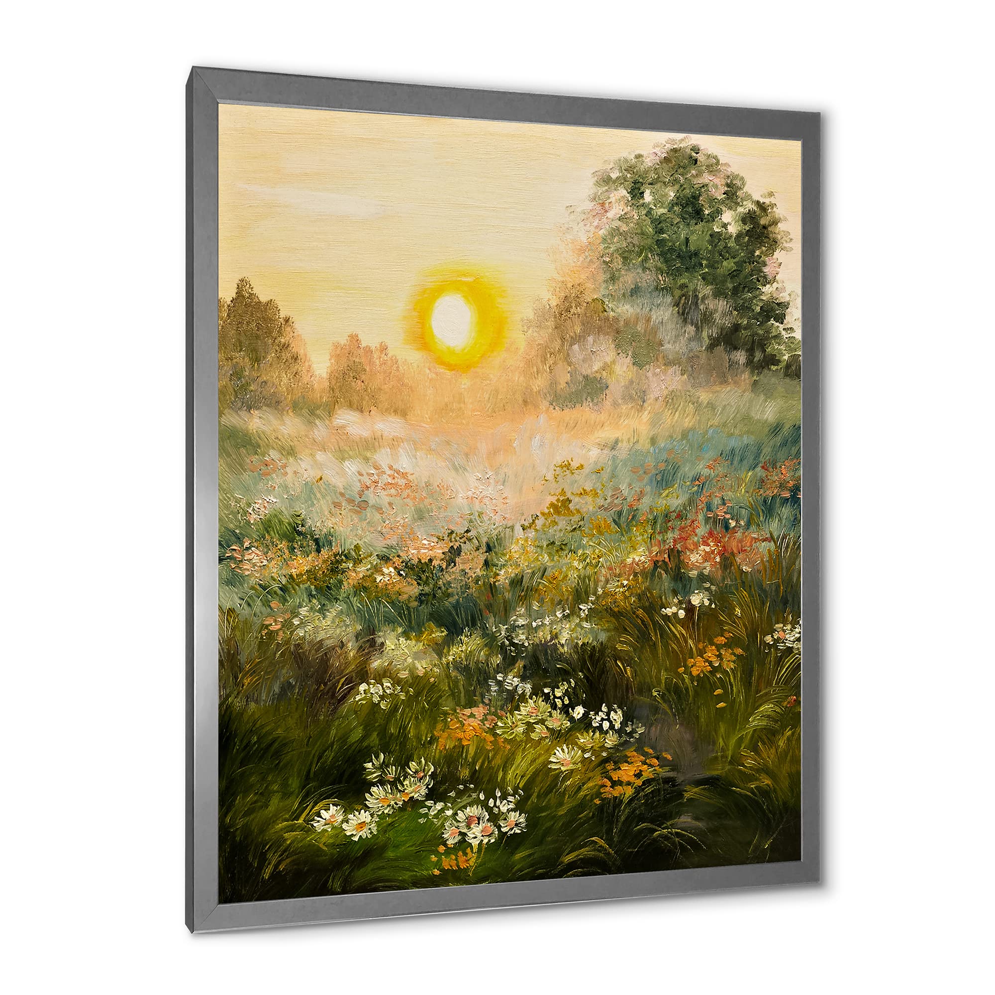 Sunrise in the Blossoming Field - Farmhouse Framed Wall Art Decor for Living Room, Bedroom & Office - Rustic Landscape Painting for Home Interior Design