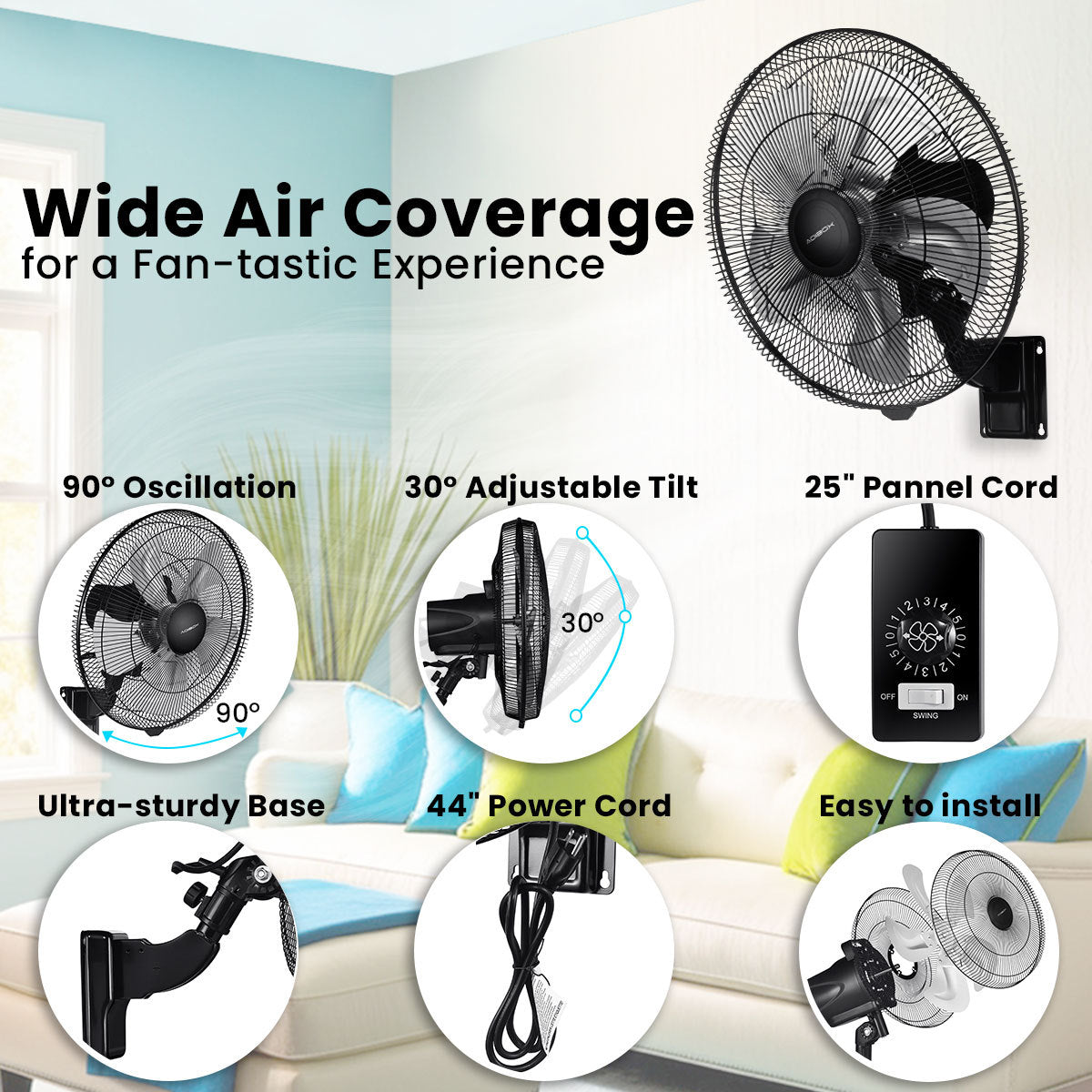 18 Inch 90 Degree Oscillating Wall Mount Fan with 5 Speed Settings - Black Indoor/Outdoor Use for Home, Office, and Commercial Spaces - Perfect for Bedrooms, Kitchens, Warehouses, and Patios