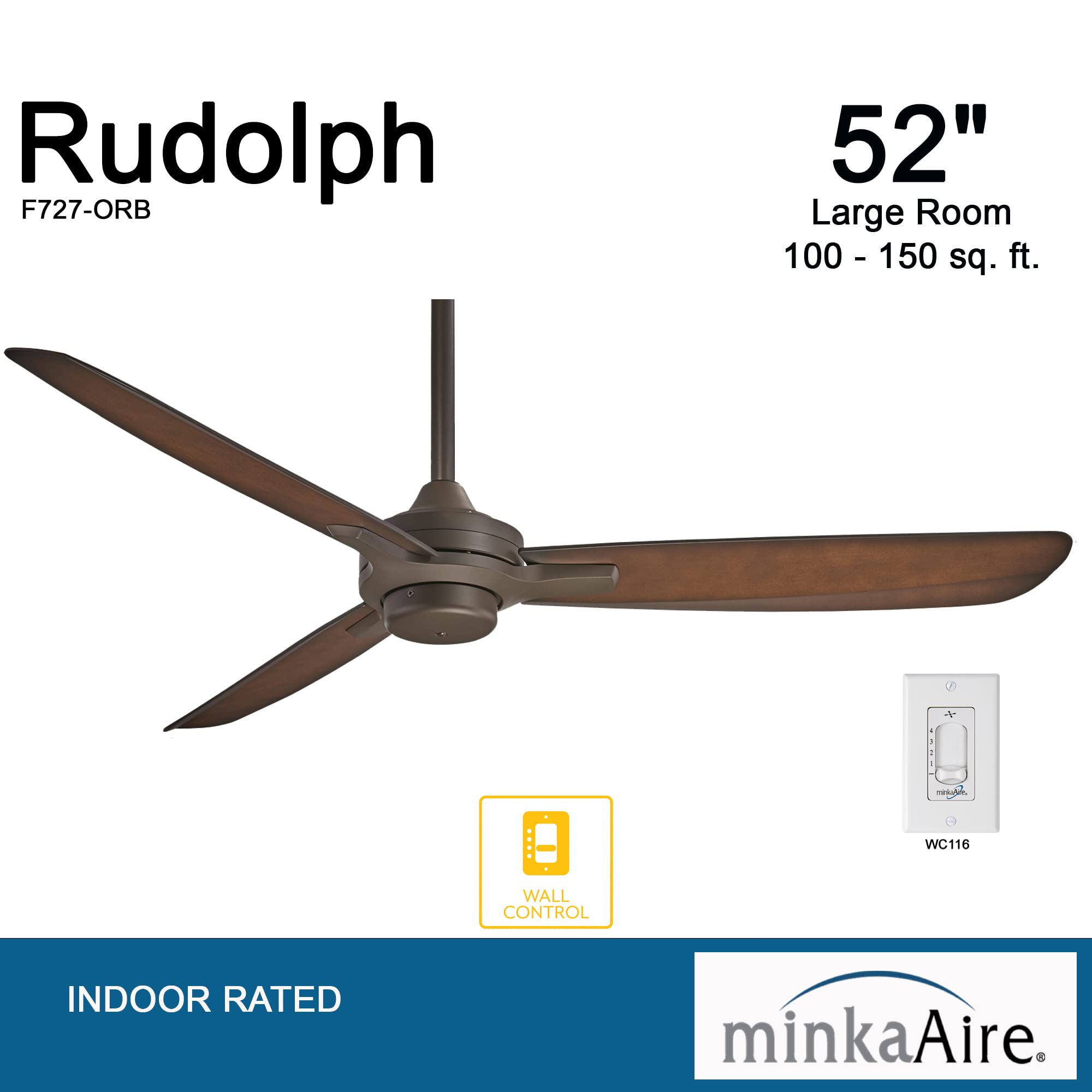 Minka-Aire F727-ORB Rudolph 52 Inch Ceiling Fan with Wall Control - Oil Rubbed Bronze Finish - Energy Efficient Indoor/Outdoor Ceiling Fan for Living Room, Bedroom, Patio & Covered Porch