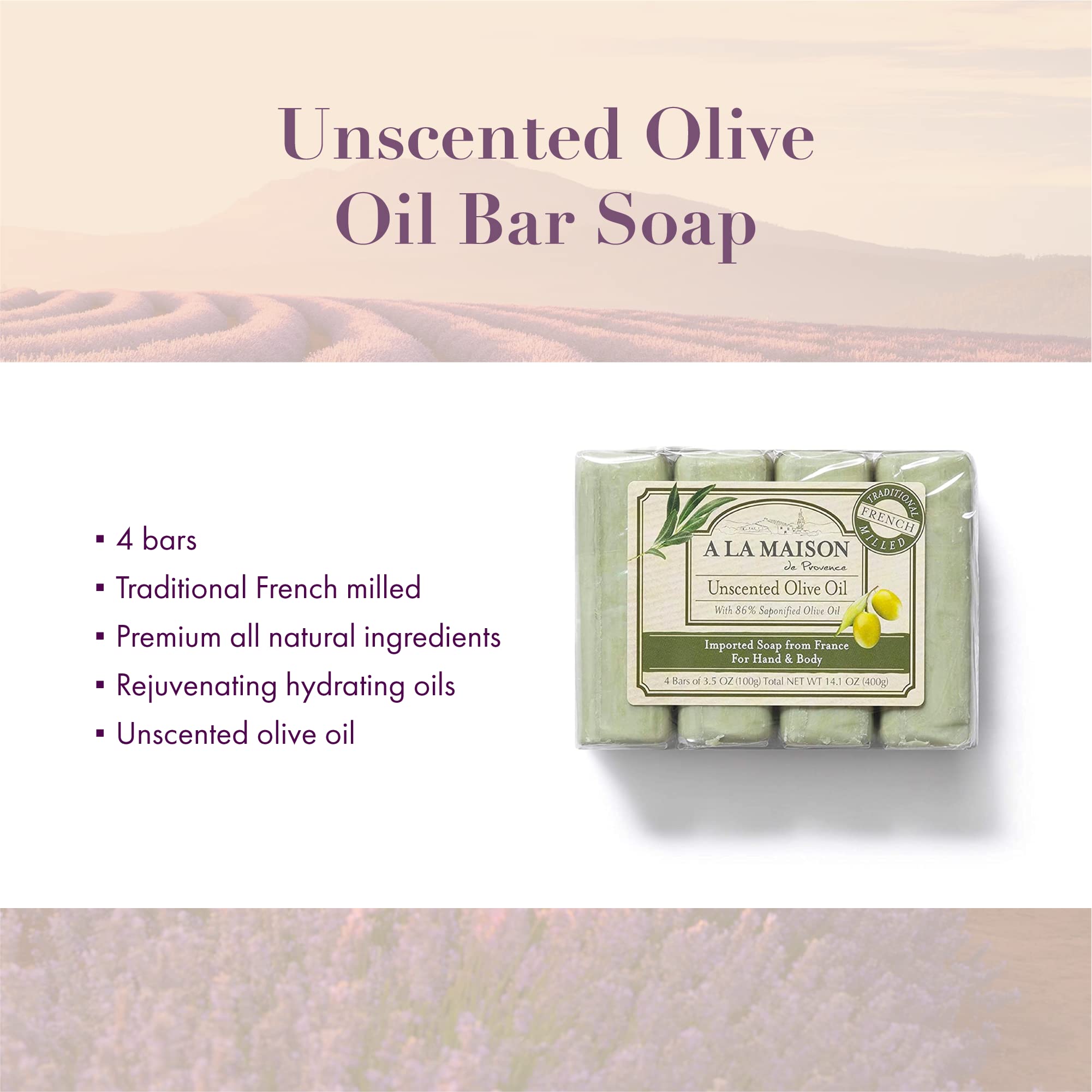 A LA MAISON Hypoallergenic Unscented Bar Soap - Triple French Milled Natural Moisturizing Hand Soap (4 Bars, 3.5 oz Each) | Gentle for Sensitive Skin, Ideal for Daily Hand Washing & Travel