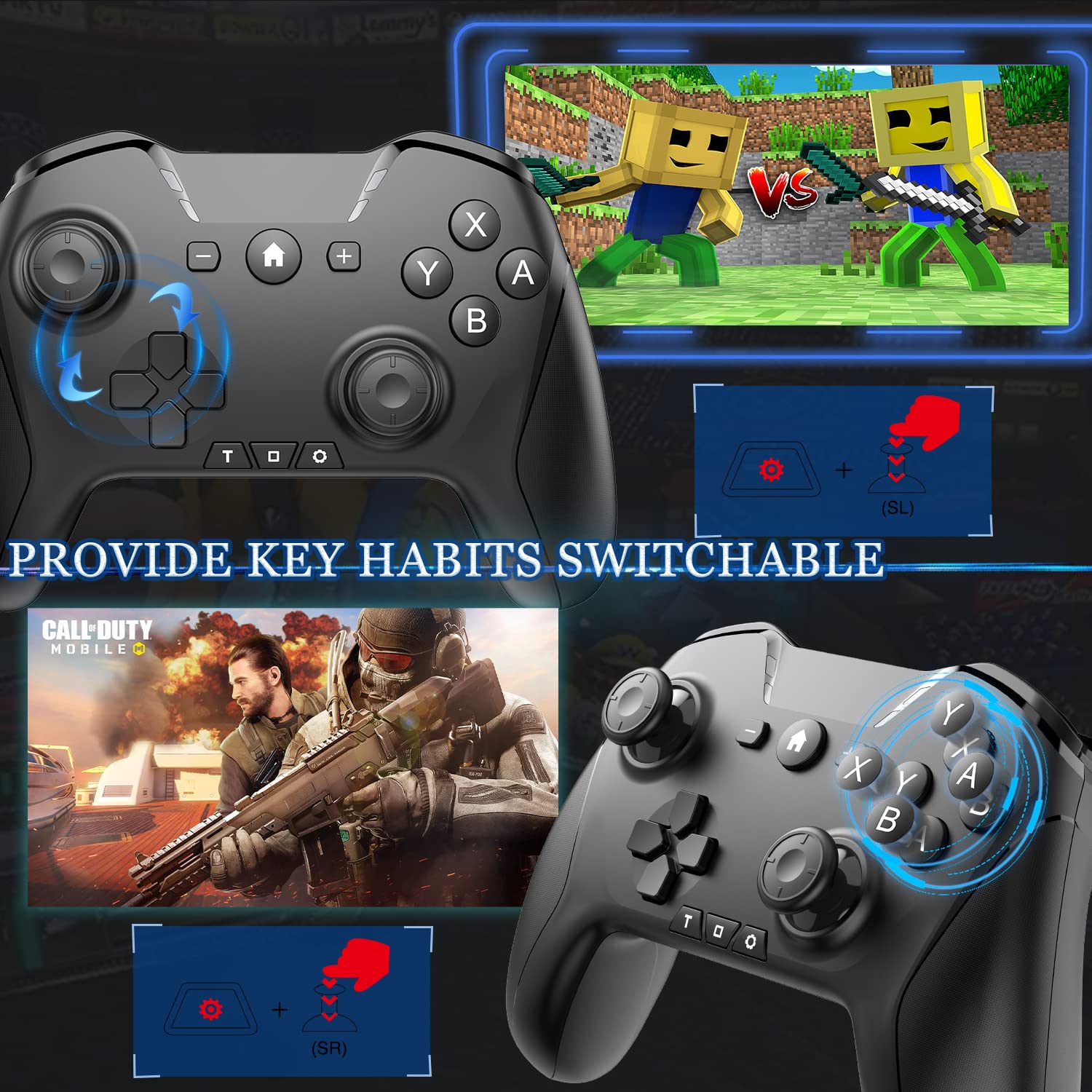 Wireless Bluetooth Controller for Nintendo Switch, PC, Mac, Steam, iOS, Android, TV - Pro Gamepad with Adjustable Dual Motion, Turbo, Macros & 6-Axis Gyro - Compatible with Black Myth: Wukong & Apple Arcade (Black/Purple/Black with Clip) - Perfect for Gaming on Multiple Devices at Home or Travel