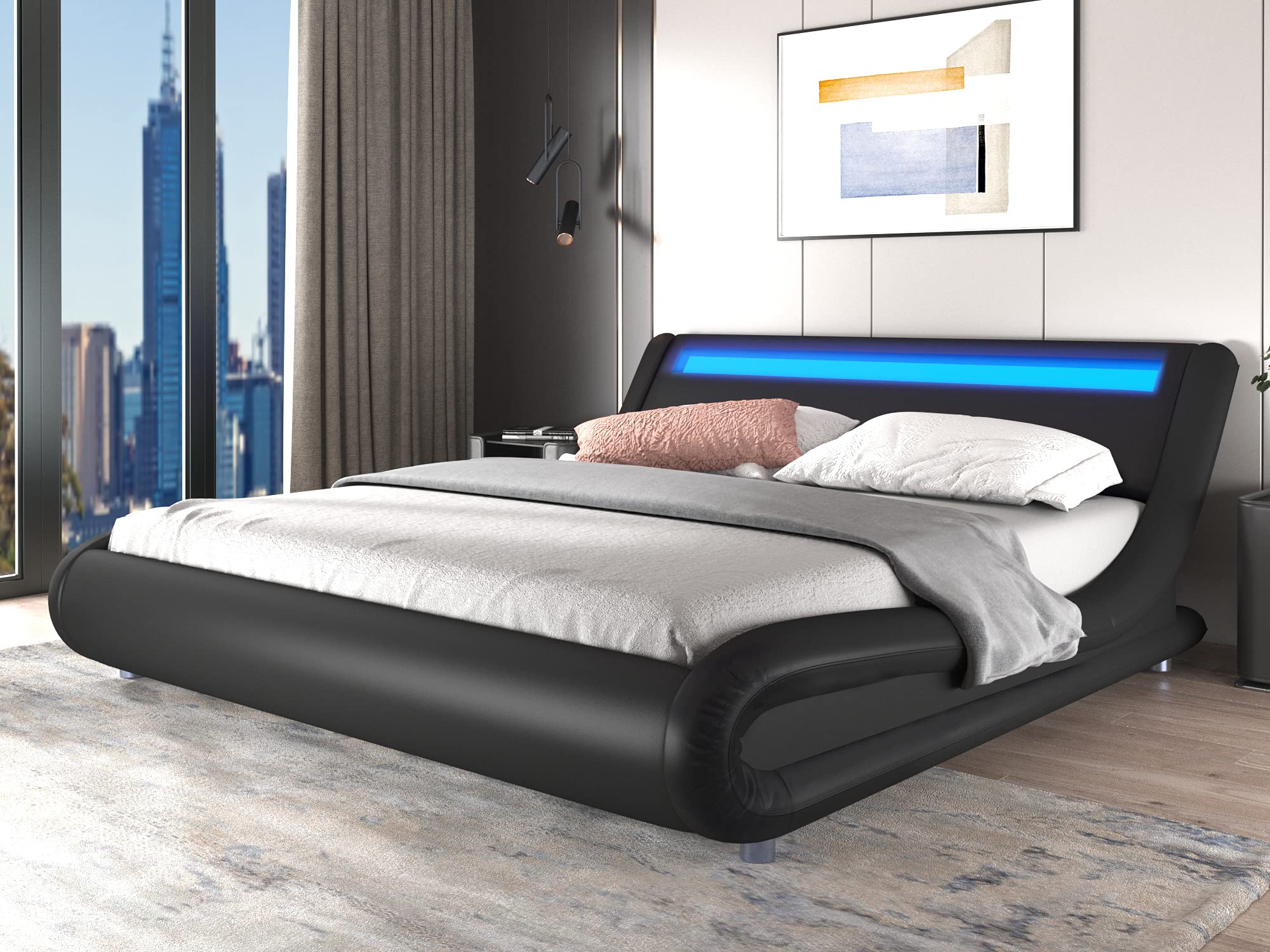 Modern Upholstered Bed Frame with LED Headboard - Full Size, Black | No Box Spring Needed, Sturdy Wood Slats Support | Easy Assembly for Bedroom, Guest Room, or Apartment