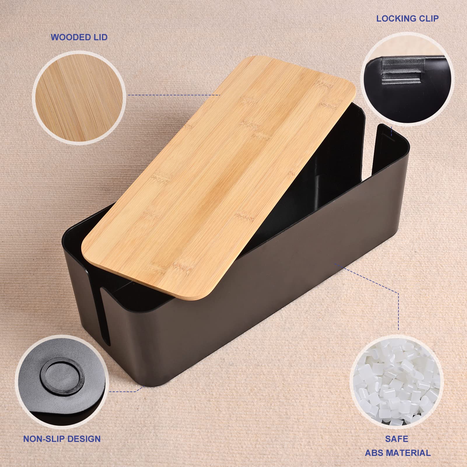 Wooden Style Cable Management Box - Cord Organizer to Hide Wires & Power Strips | Desk & Computer Cable Organizer | Safe ABS Material | 12.6