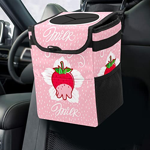 Collapsible Reusable Waterproof Car Trash Can with Lid - Strawberry Milk Design Automotive Garbage Bin for Car Interior Organizer | Perfect for Road Trips, Commuting & Keeping Your Vehicle Clean