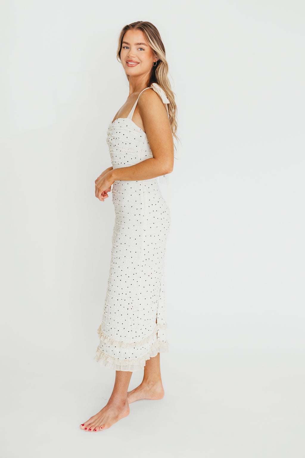 Maddie Tie Strap Ruffled Midi Dress for Women - Elegant Ivory Floral Summer Dress with Adjustable Straps | Perfect for Weddings, Parties & Date Nights