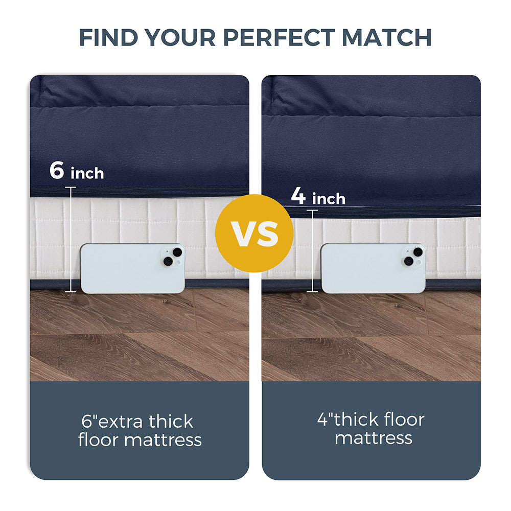 MAXYOYO Japanese Floor Futon Mattress - Thick Padded & Portable Navy Blue Floor Bed for Guest Room, Dorm, Camping & Travel