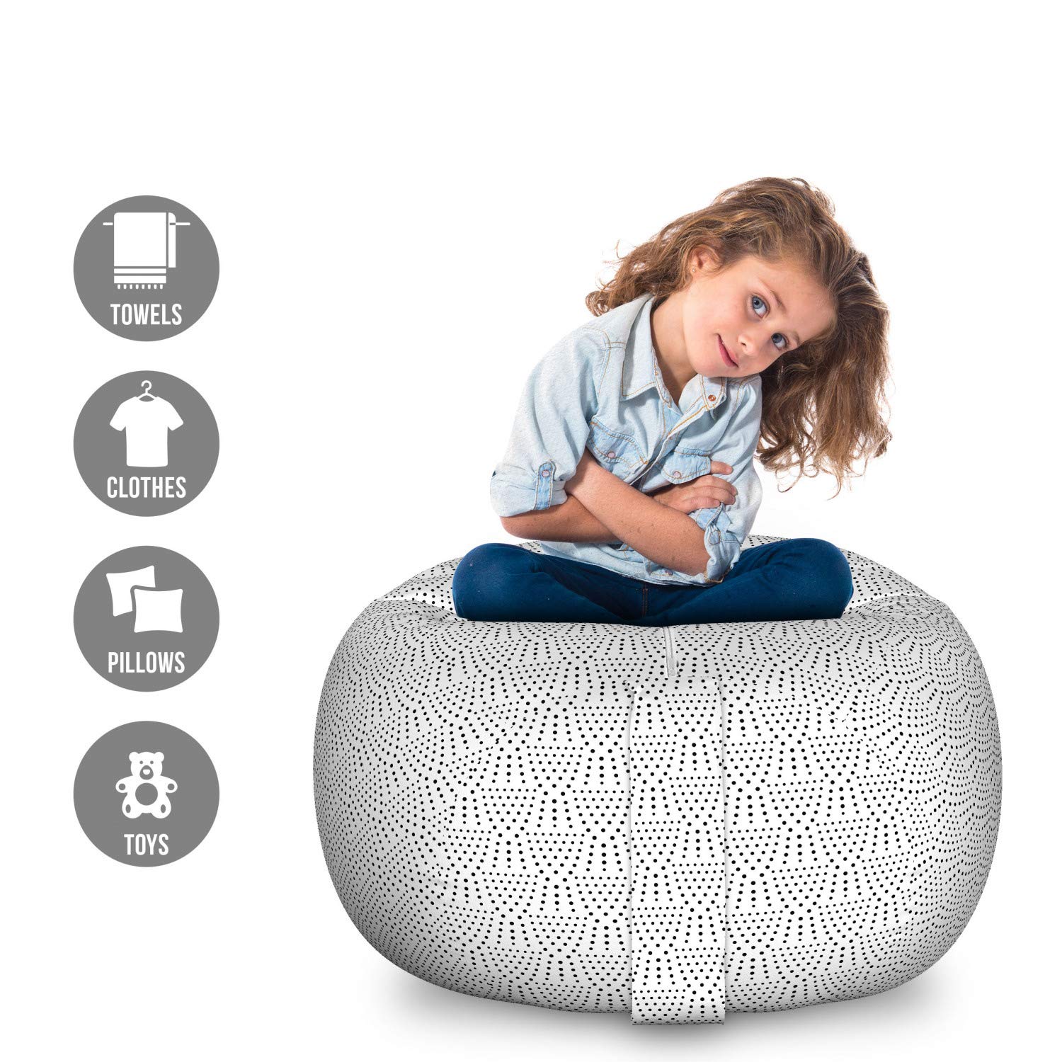 Ambesonne Black and White Storage Toy Bag Chair - Modern Dotted Monochrome Pattern Stuffed Animal Organizer - Washable Large Kids' Bean Bag for Bedroom & Playroom Organization