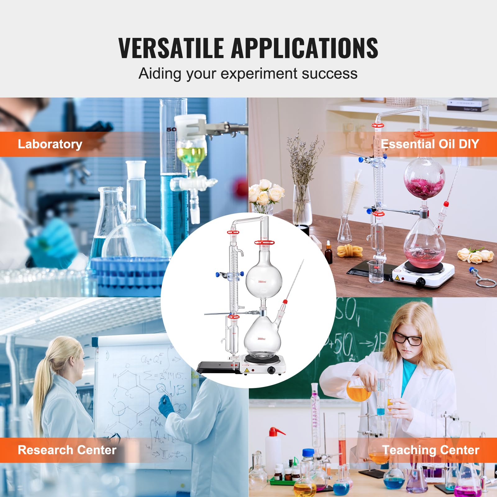 VEVOR 2L Essential Oil Distiller Kit - Lab Glassware Distillation Apparatus with Hot Plate & Condenser (S35, 24/40 Joint) - Perfect for Aromatherapy, Hydrosol Production & Water Purification