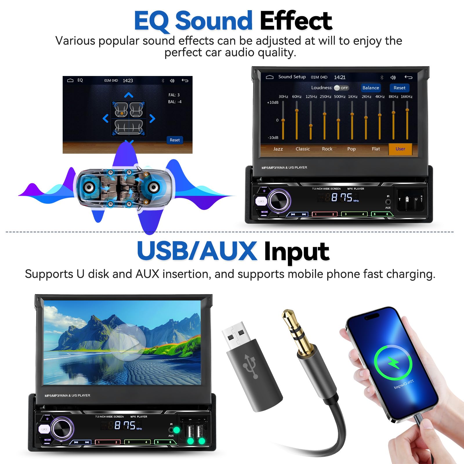 SIXTOP 7 Inch Flip Out Touchscreen Single Din Car Stereo - Wireless Apple CarPlay & Android Auto, Bluetooth 5.1, FM/AM/RDS Receiver, USB/AUX Input, Mirror Link for iPhone & Android - Includes MIC & Backup Camera for Easy Parking & Hands-Free Calling