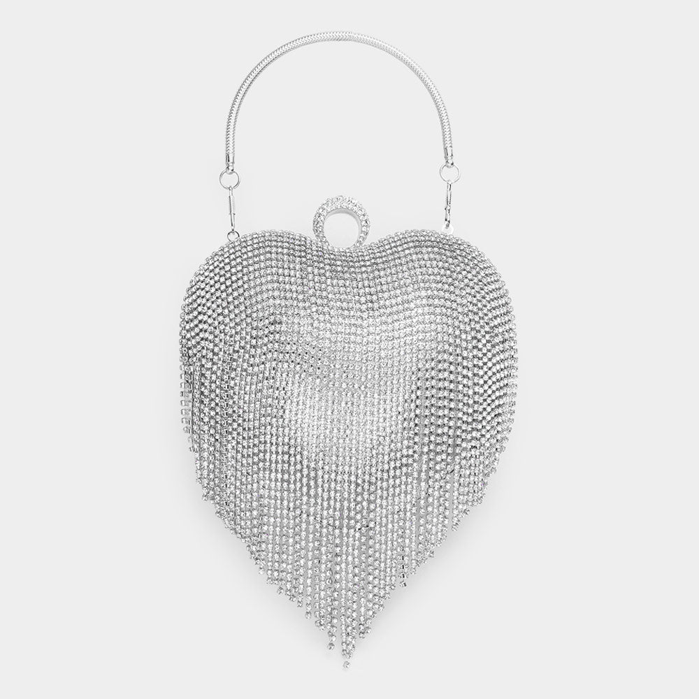 Sparkling Silver Rhinestone Fringe Heart Evening Bag - Elegant Tote, Clutch & Crossbody Purse for Parties, Weddings & Special Occasions
