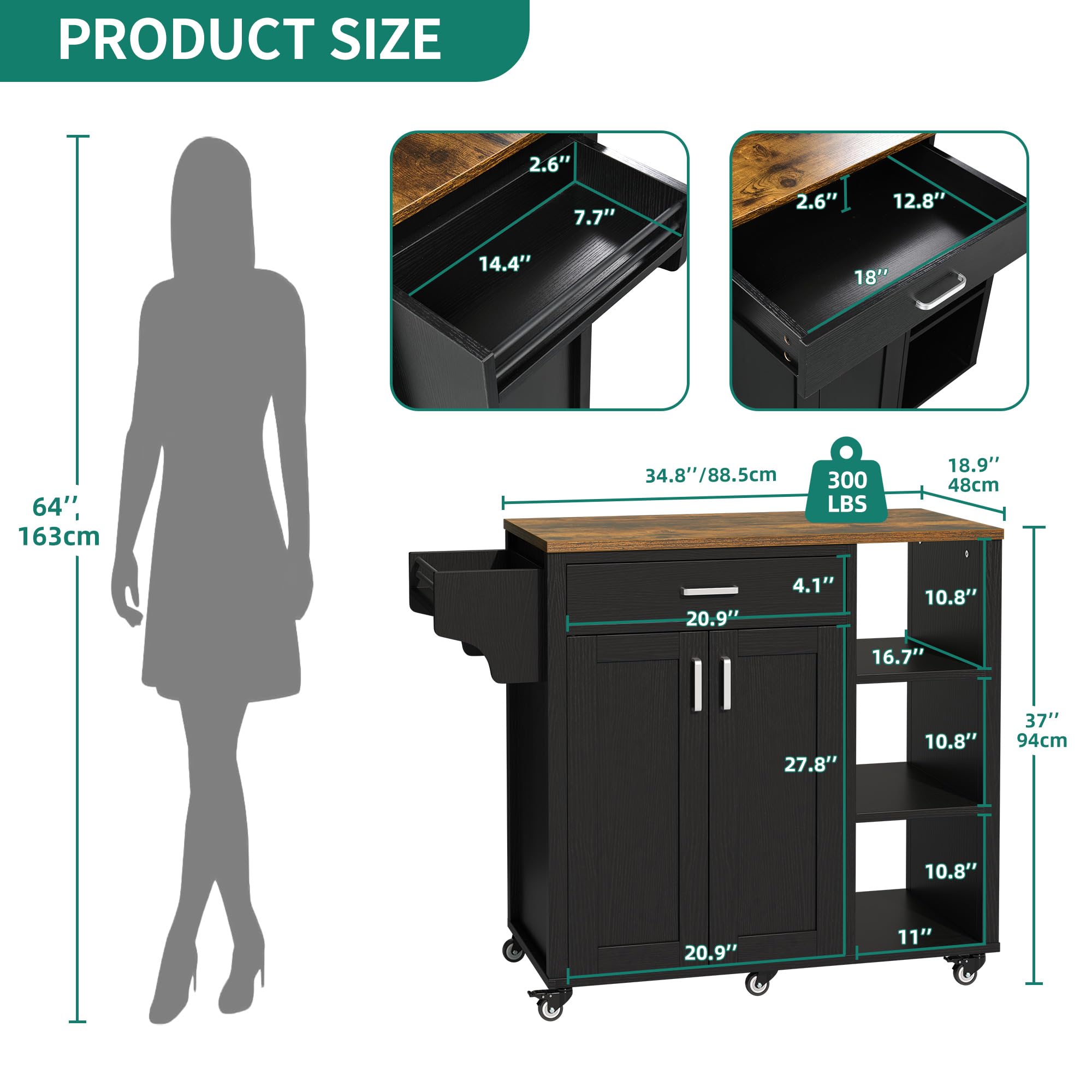 YITAHOME 48-Inch Kitchen Island Cart with Storage, Rolling Mobile Kitchen Cart with 2 Doors, 4 Drawers, Open Shelves & Wine Rack - Perfect for Small Kitchens, Apartments & Dining Rooms - Black