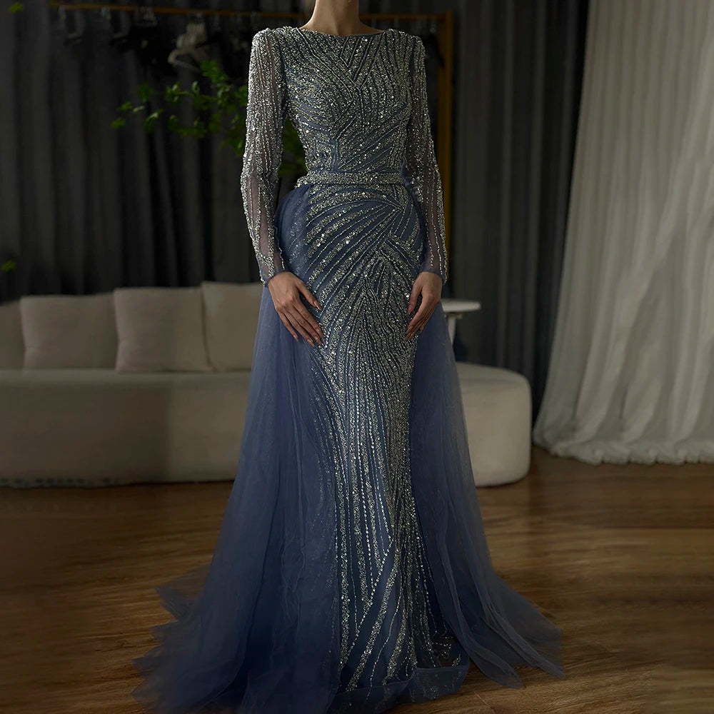 Luxury Blue Mermaid Evening Dress with Detachable Skirt - Dubai Inspired Muslim Gown for Women | Elegant Beaded Party Dress for Weddings, Galas & Special Occasions | Serene Hill Collection LA71750