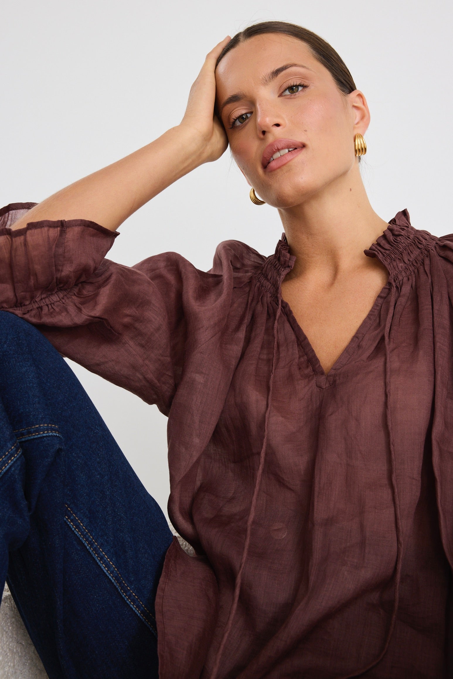 Expedition Chocolate Ramie Shirred Neck Short Sleeve Top - Breathable Summer Blouse for Outdoor Adventures & Casual Wear