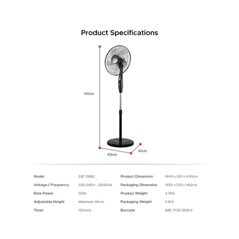 Europace ESF3168C 16 Inch Manual Stand Fan - Adjustable Height, 3 Speed Settings for Home, Office, or Outdoor Use - Perfect for Cooling Rooms, Patios, and Workspaces