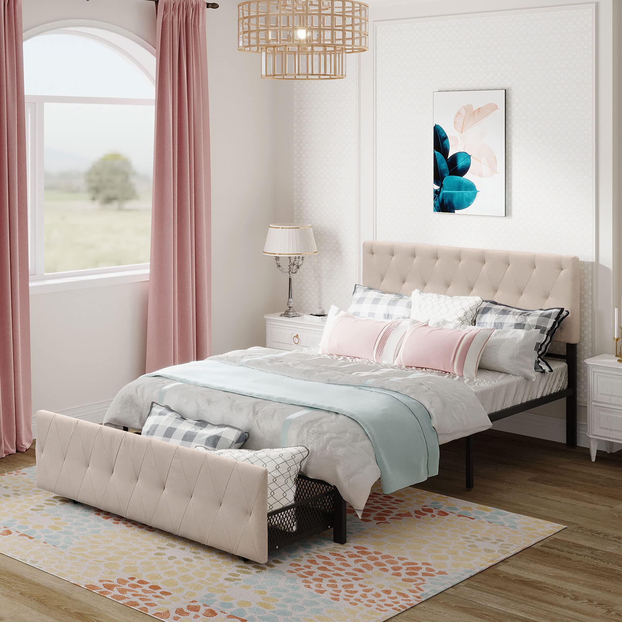 Kids Metal Storage Bed with Large Drawer - Full Size Platform Bed Frame No Box Spring Needed, Beige | Space-Saving Bedroom Solution for Children's Rooms & Small Spaces