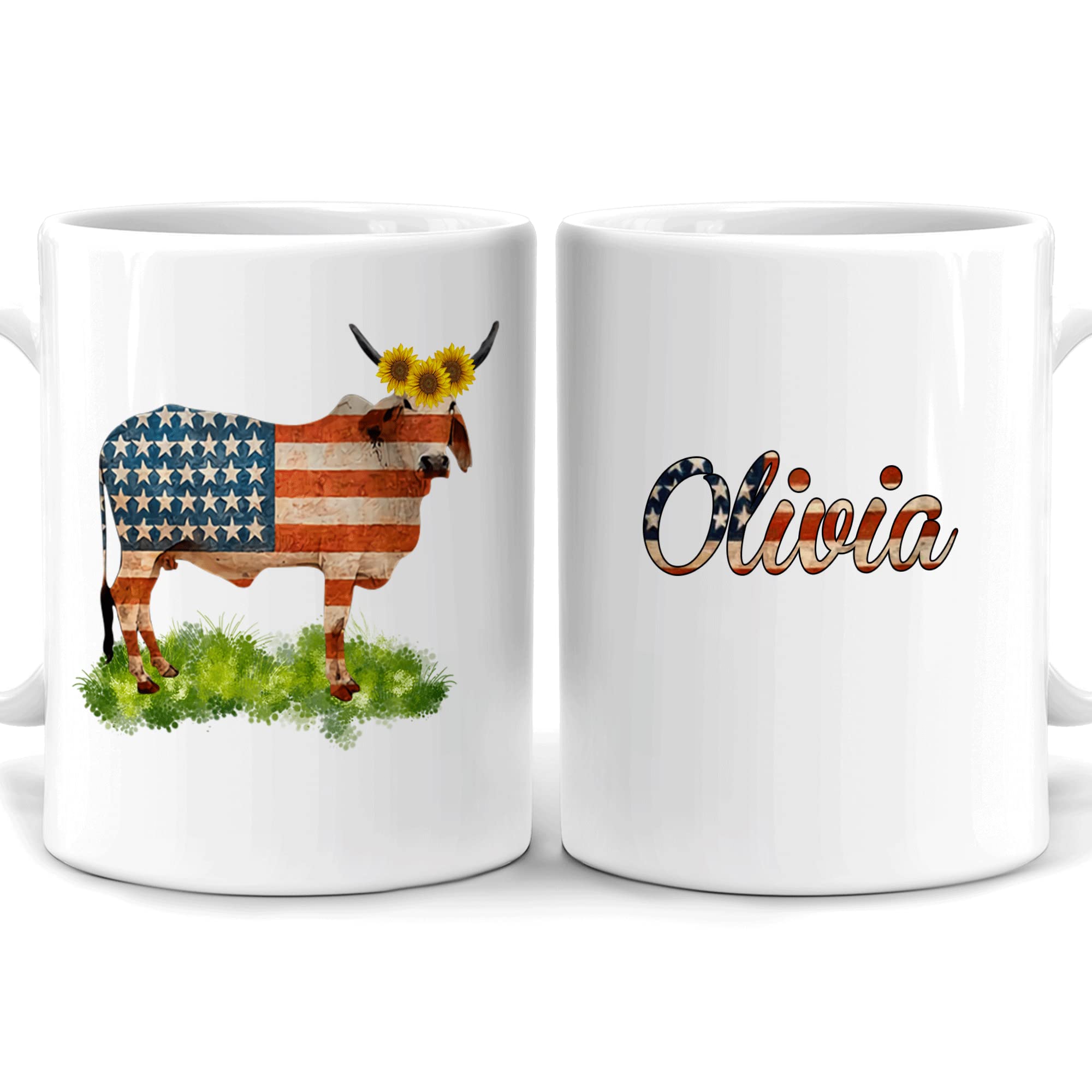 HYTURTLE Personalized Patriotic Cow Mug - Custom Name 11oz White Ceramic Coffee Tea Cup - American Flag Design for Farmers & Cow Lovers - Unique Gift for Christmas, Independence Day, Birthday - Perfect for Home, Office & Farm Use