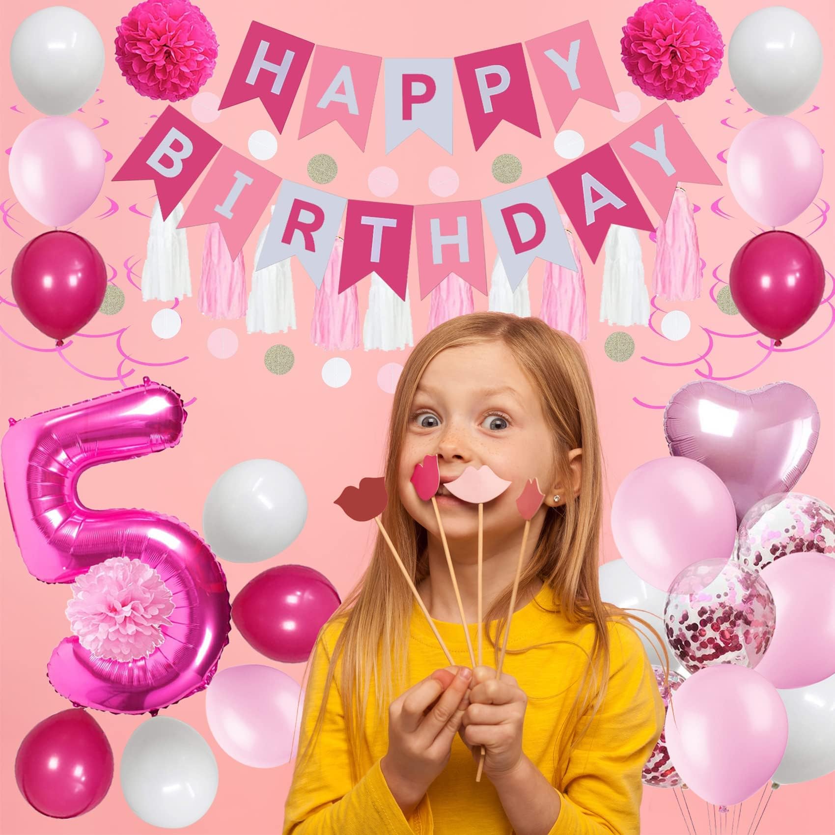 Pink & White 5th Birthday Party Decorations for Girls - 5 Happy Birthday Balloons, Pink Banner, Hot Pink Number 5 Foil Balloons | Perfect for Daughter's 5th Birthday Celebration, Kids Party Supplies, Photo Backdrop & Birthday Decor