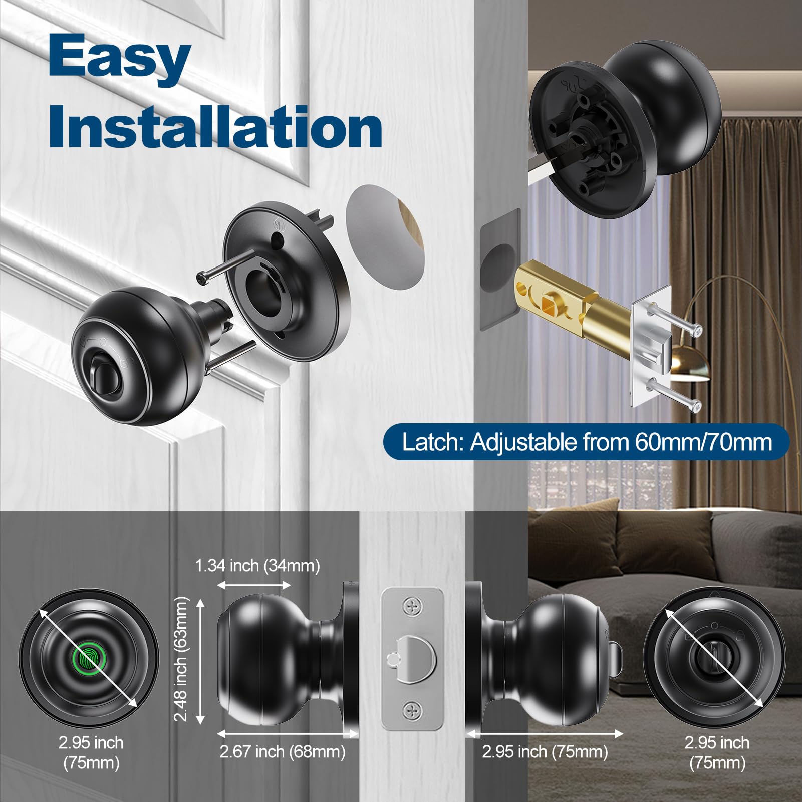 GeekTale Smart Fingerprint Door Lock - Biometric Keyless Entry with Mobile App Control, Touch ID Door Knob for Home, Office & Apartment Security (Ideal for Smart Homes, Vacation Rentals & High-Traffic Areas)