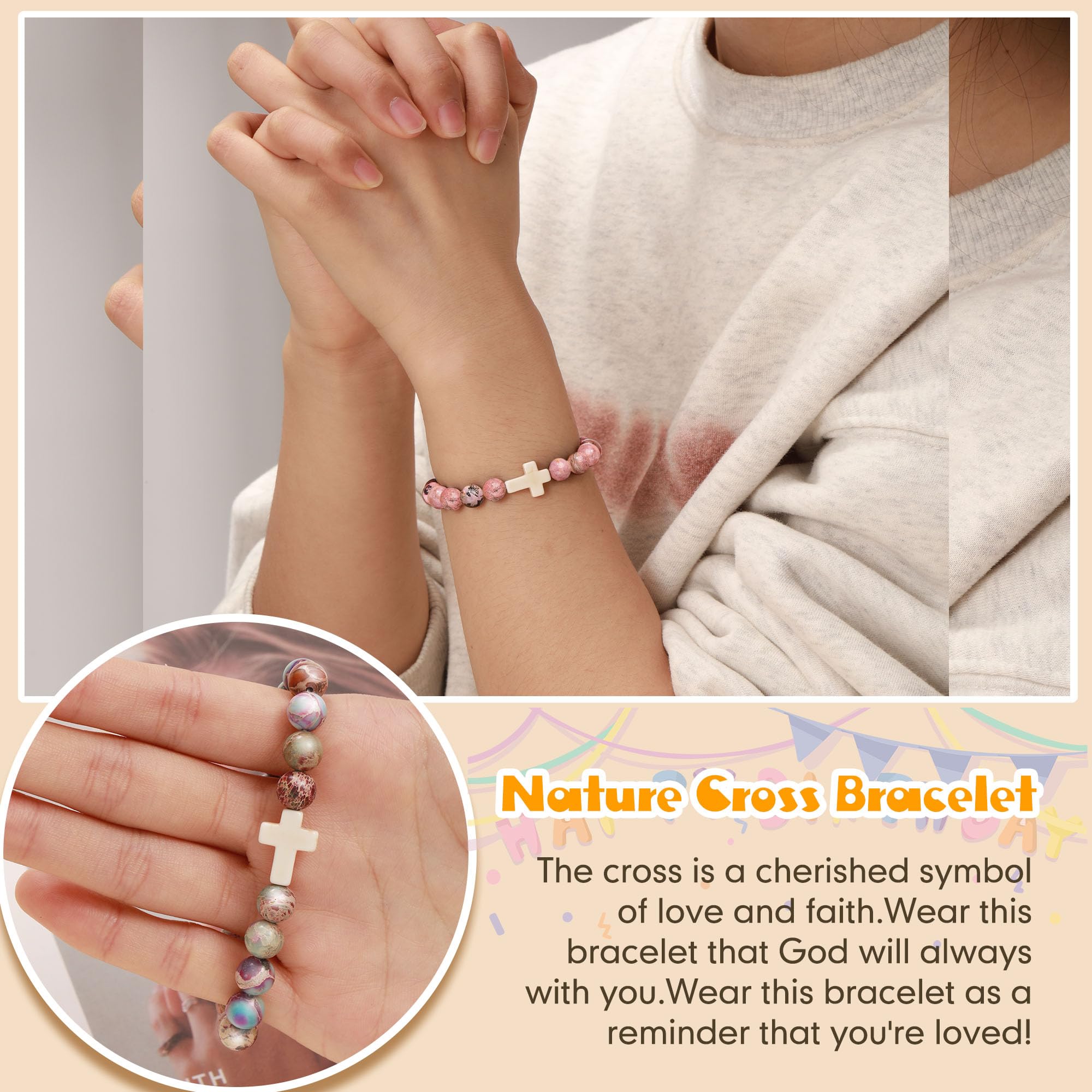 JSJOY Natural Stone Beaded Bracelet - Christian Cross Jewelry Gift for Women & Girls (Age 6-80) | Birthday, Easter, Mother's Day Present for Daughter, Granddaughter, Niece, Mom, Sister | Faith-Based Accessory for Daily Wear & Special Occasions