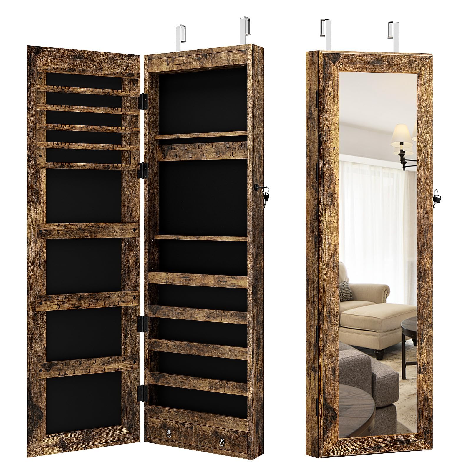 SDHYL LED Mirror Jewelry Cabinet - Full Length Wooden Storage Organizer with Lock, Wall or Door Mounted - Rustic Brown for Bedroom, Closet & Dressing Room
