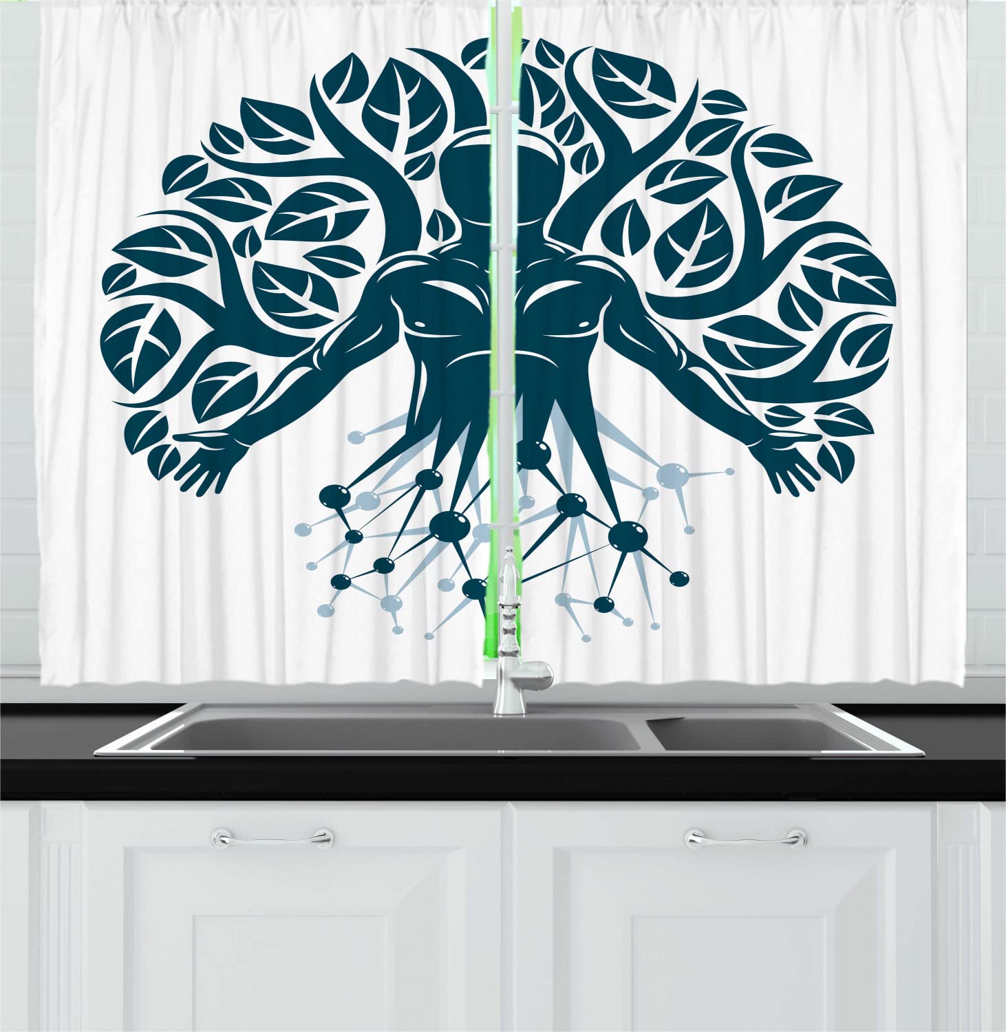 Ambesonne Biology Long Kitchen Curtains - Abstract Human Science & Nature Balance Drapes, 55x45 Inch Dark Petrol Blue & White Rod Pocket Curtain Panels for Windows | Perfect for Science-Themed Home Decor, Classroom or Laboratory Style