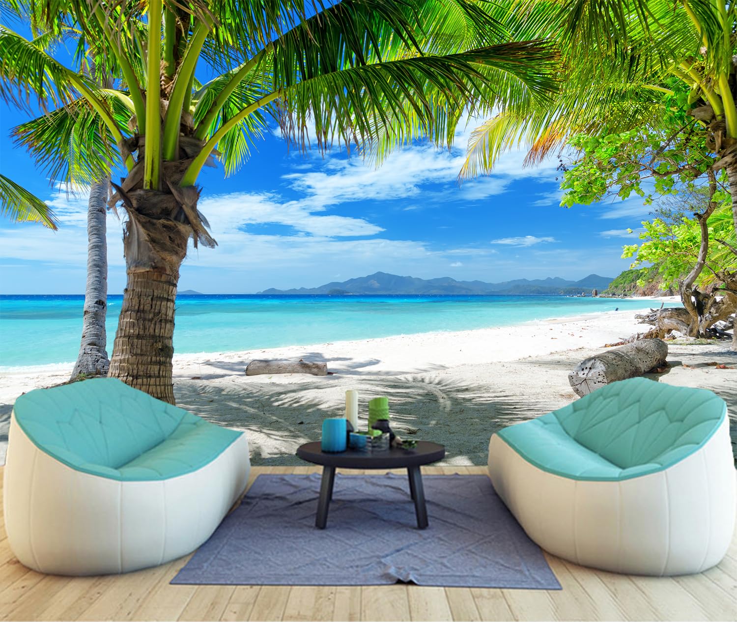 FLFK 3D Peel and Stick Wallpaper - Minimalist Green Tree on White Sand Beach Self-Adhesive Mural (78.7x59 inches) for Bedroom, Living Room, Nursery & Office Decor - Easy DIY Home Renovation & Accent Wall Design
