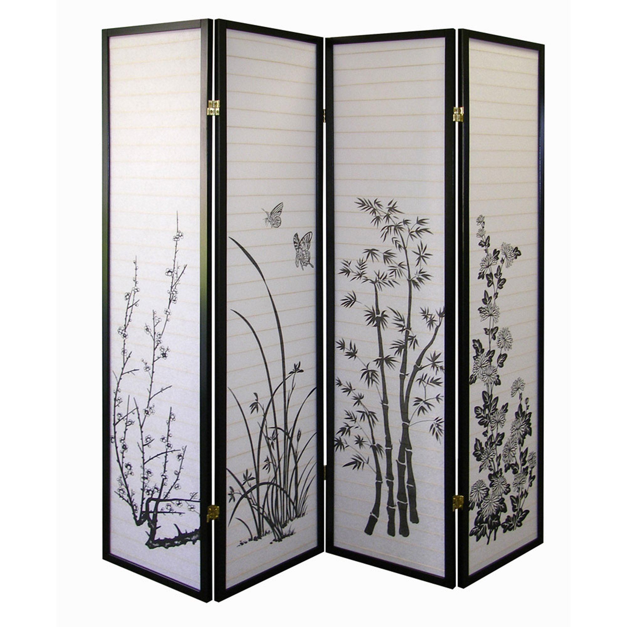 ORE International R590-4-A 4-Panel Bamboo Floral Room Divider Screen - Elegant Privacy Partition for Bedroom, Living Room & Office Decor