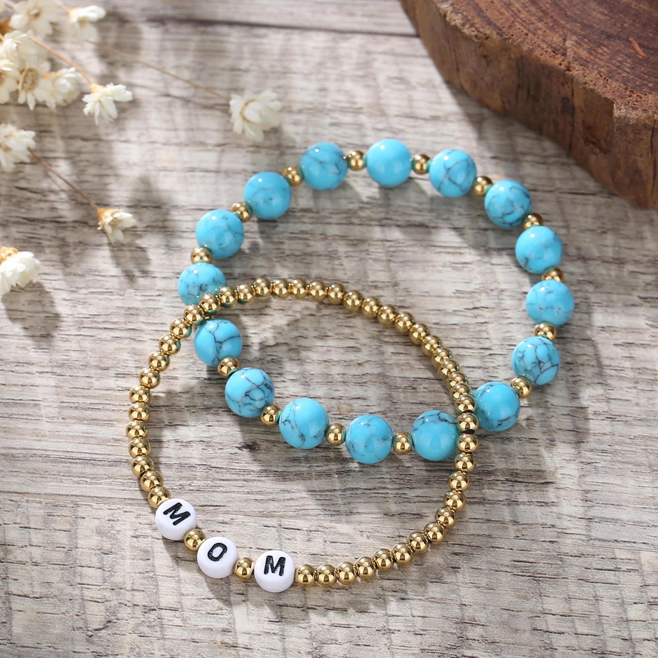 2Pcs Gold Beaded Bracelet Set for Women - Turquoise Jewelry Gift for Mom, Daughter, Sister, Niece - Perfect for Birthday, Anniversary & Special Occasions