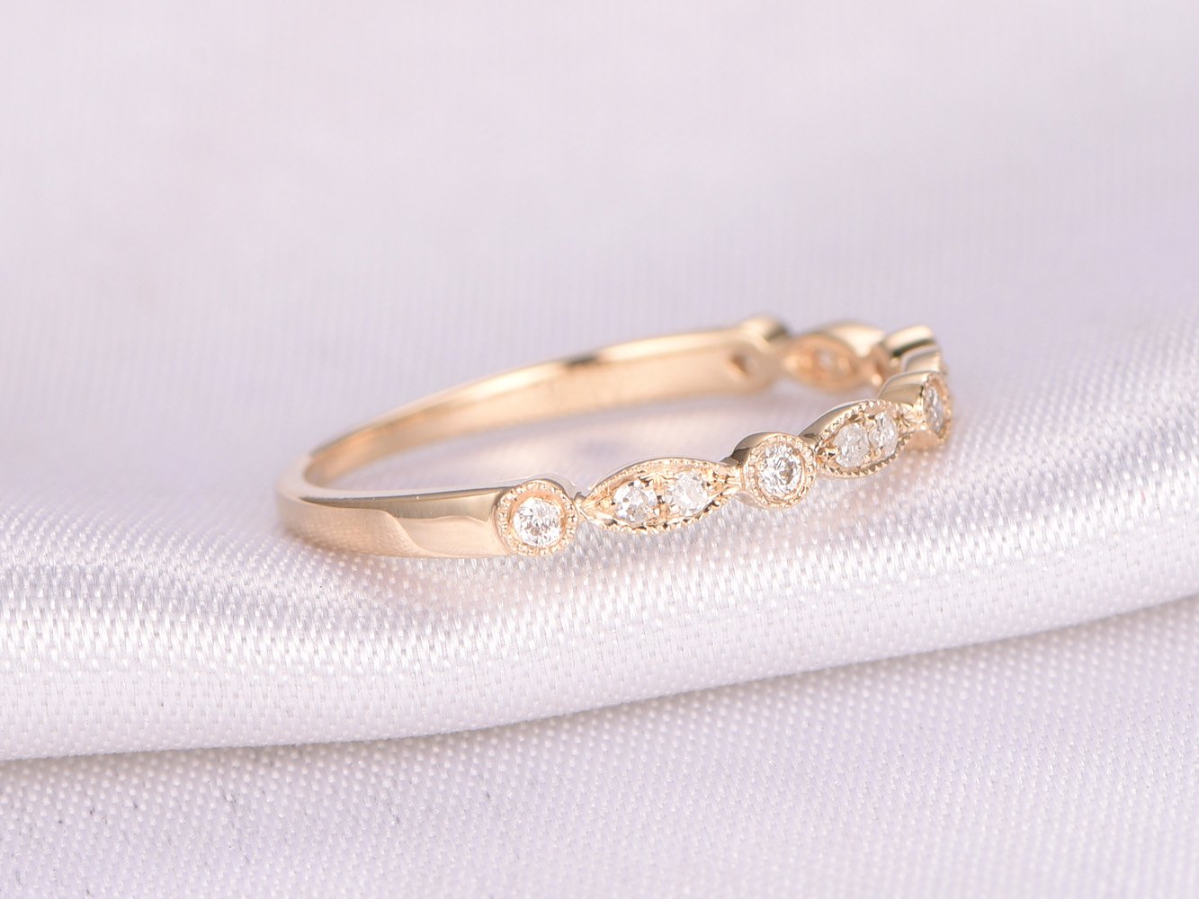 14K Yellow Gold Half Eternity Wedding Band - Micro Pave Diamond Engagement Ring for Women - Stackable Ring for Bridal Sets, Anniversary & Everyday Wear