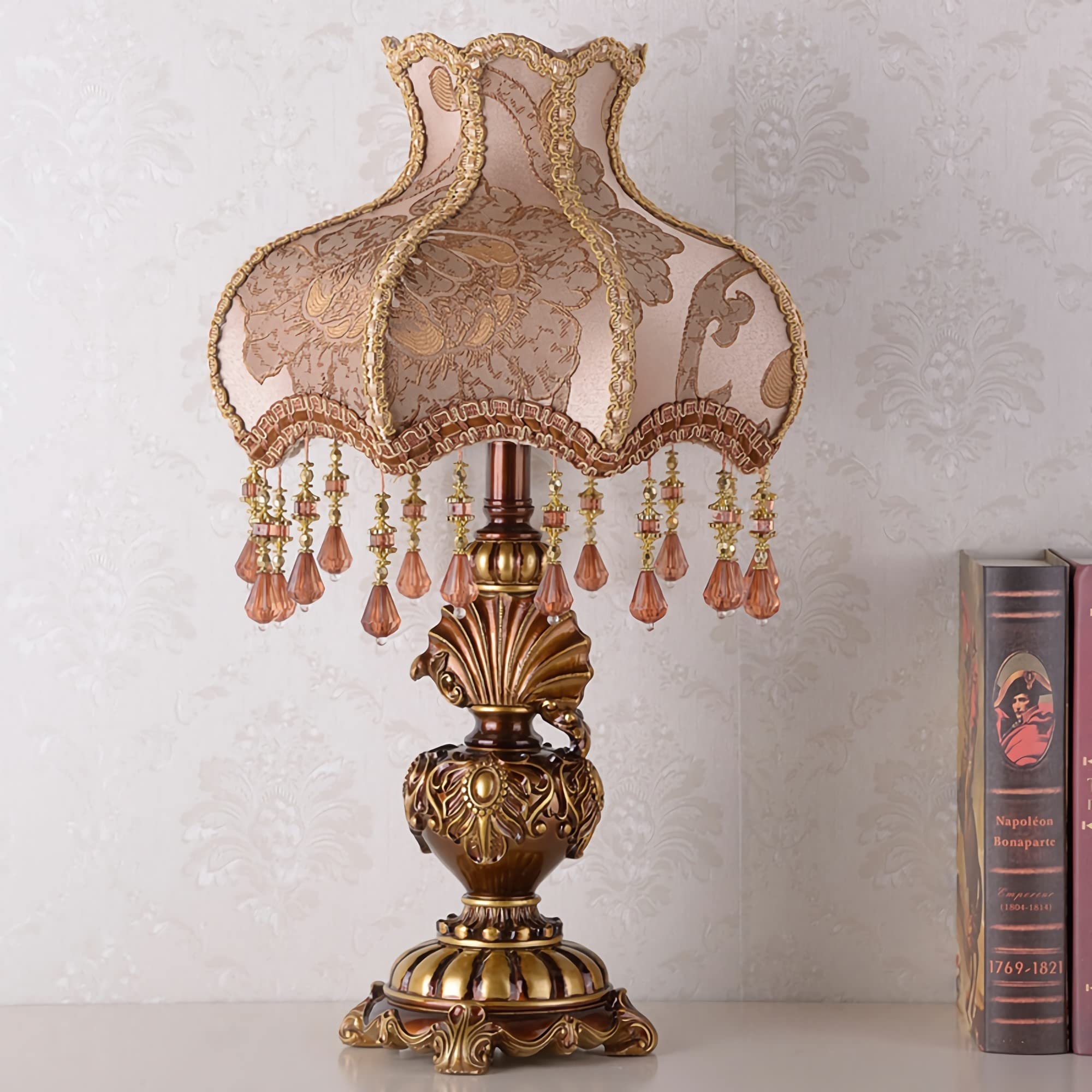 Vintage Art Deco Cottage Table Lamp - Mid-Century Resin Desk Light with European Brown Fabric Shade (13W x 22H Inches) E26 Base | Perfect for Living Room, Bedroom, Office, Coffee Bar & Nightstand | Antique Craft Gift Idea