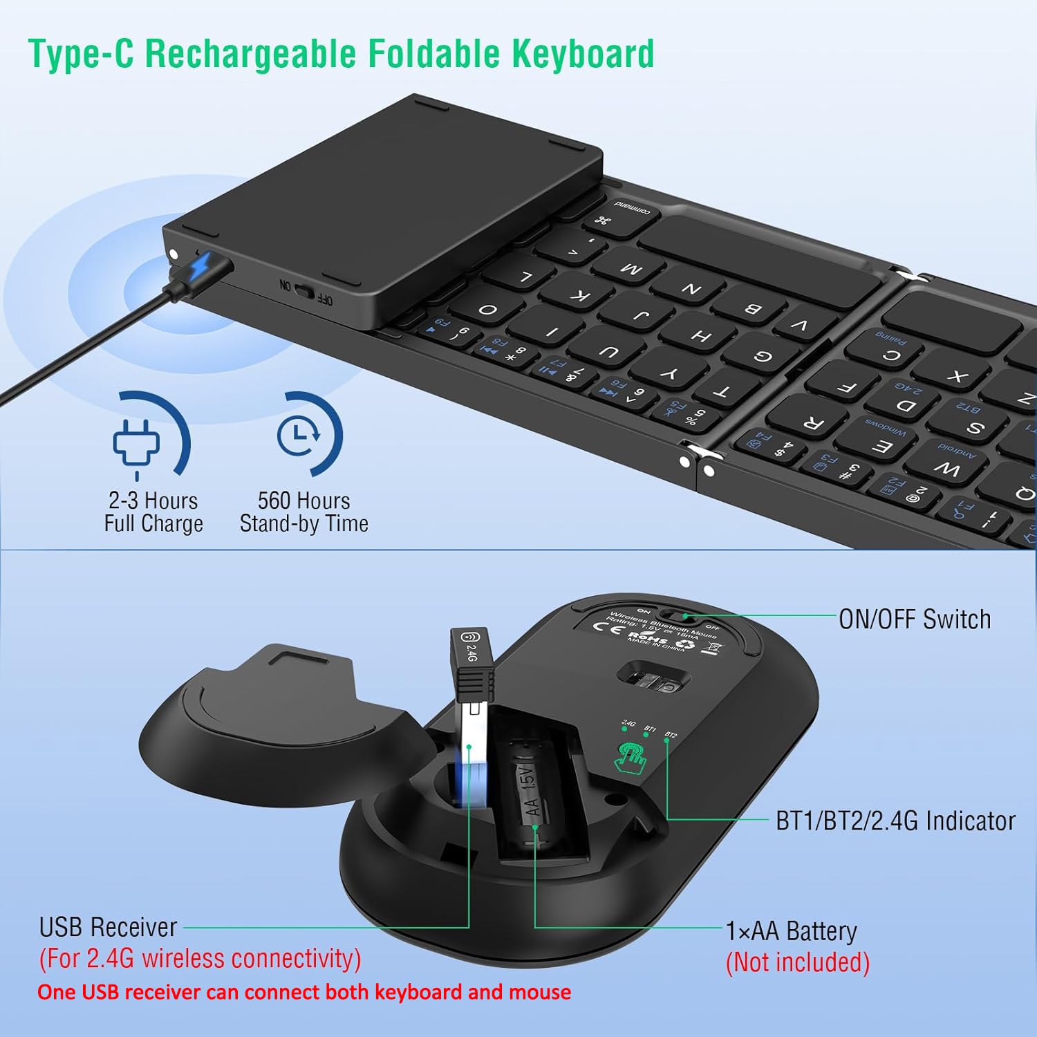 Foldable Wireless Keyboard and Mouse Combo - EDJO Portable 2.4G+Bluetooth Rechargeable Keyboard Mouse Set with Carrying Case for Windows/Mac/iOS/Android - Perfect for Travel, Office & Home Use with Laptop/PC/Tablet