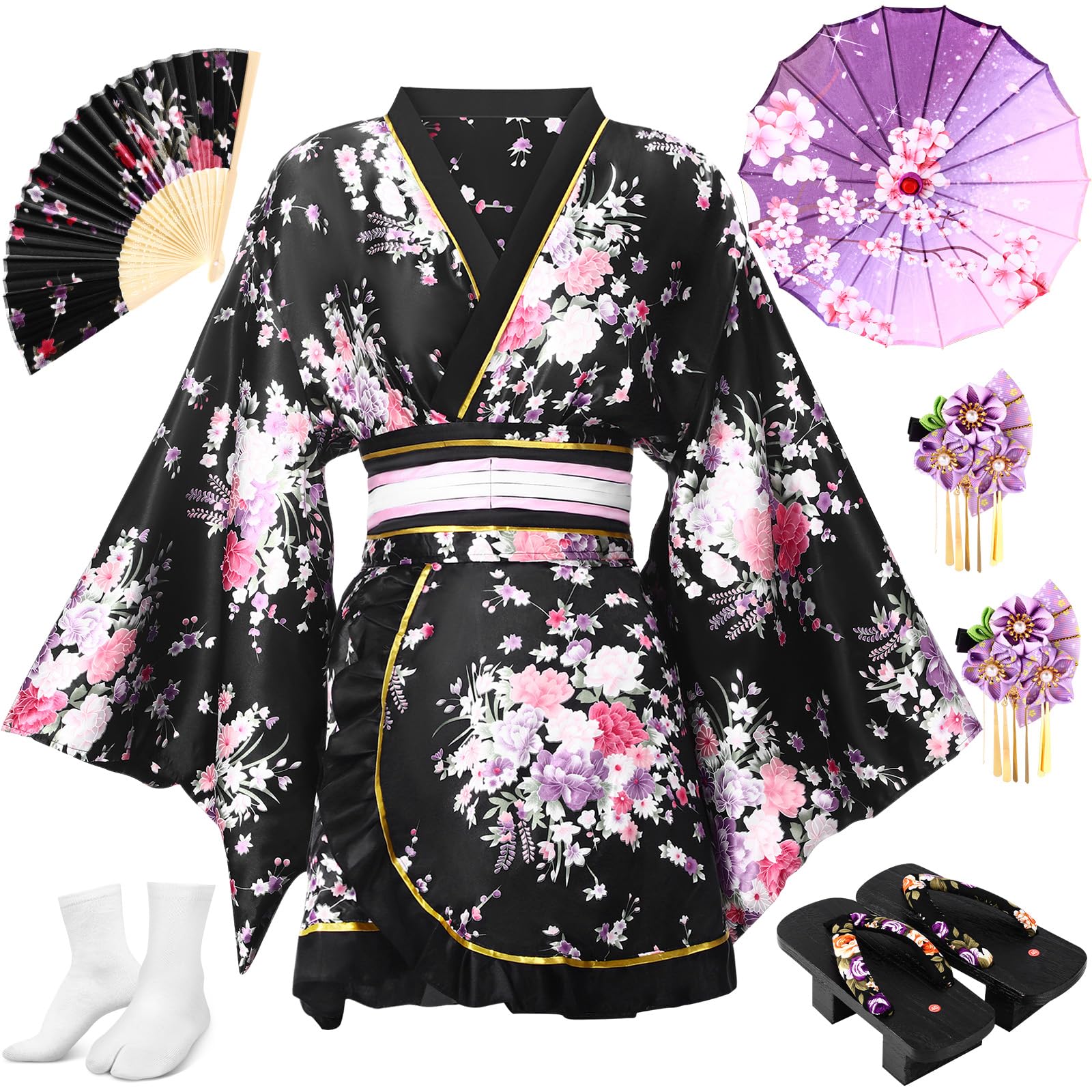 8 Pcs Japanese Kimono Costume Set for Women - Geisha Yukata with Obi Belt, Wooden Clogs, Parasol, Hair Stick & Folding Fans - Perfect for Cosplay, Halloween, Tea Ceremonies & Cultural Events