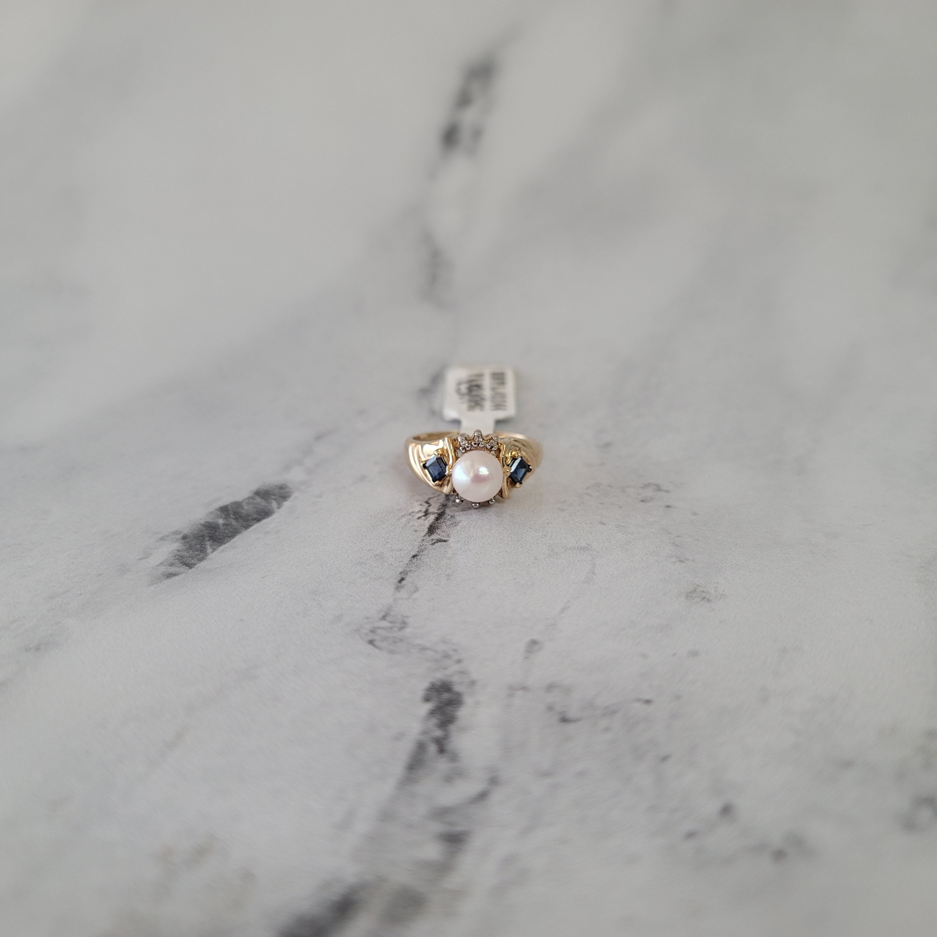 10k Yellow Gold Freshwater Pearl, Sapphire & Diamond Cluster Ring for Women - Elegant Bridal, Anniversary & Evening Wear Jewelry Gift