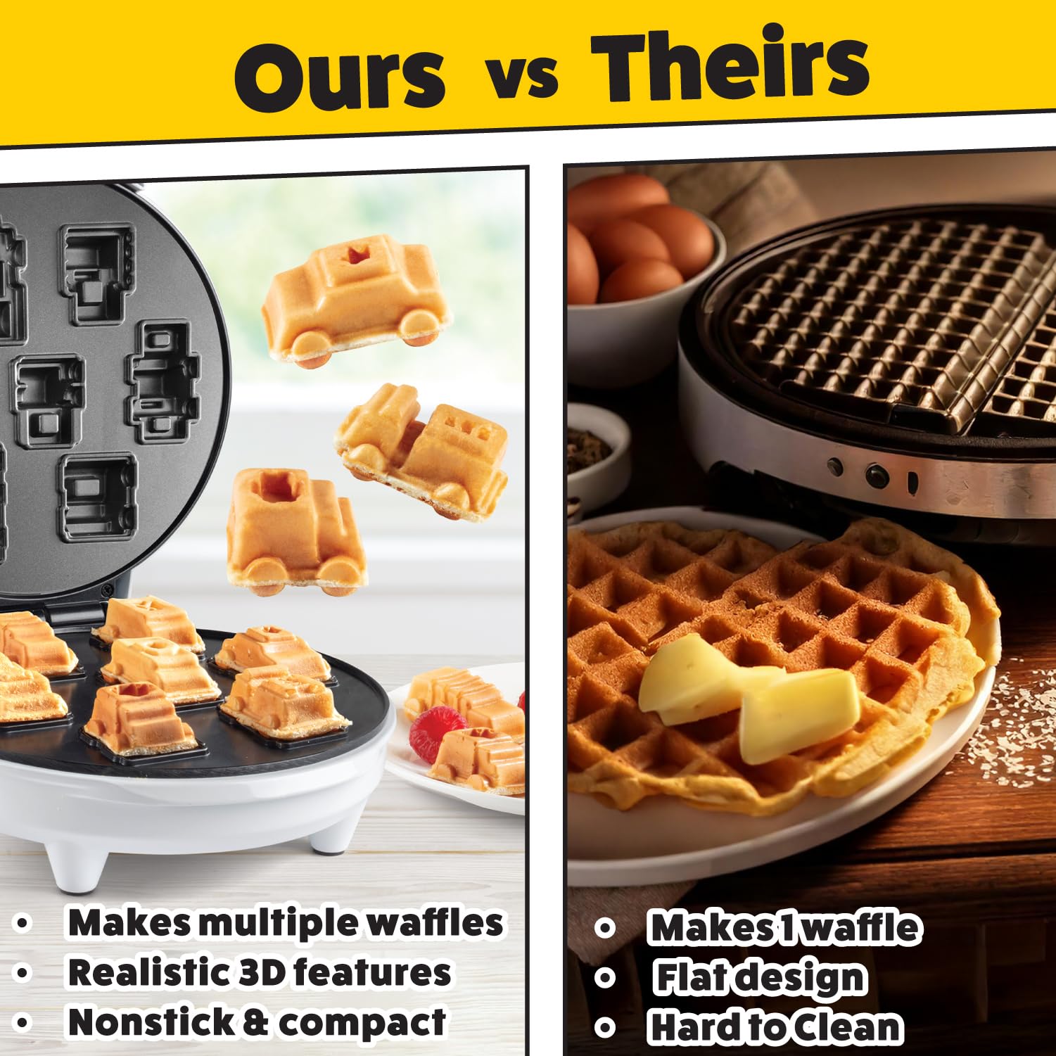 Mini Waffle Maker for Cars & Trucks - Create 7 Fun Vehicle-Shaped Pancakes (Police Car, Fire Truck, Construction Truck) - Electric Non-Stick Iron with Free Recipe Guide - Perfect Kids Gift for Birthday Parties & Family Breakfast Fun