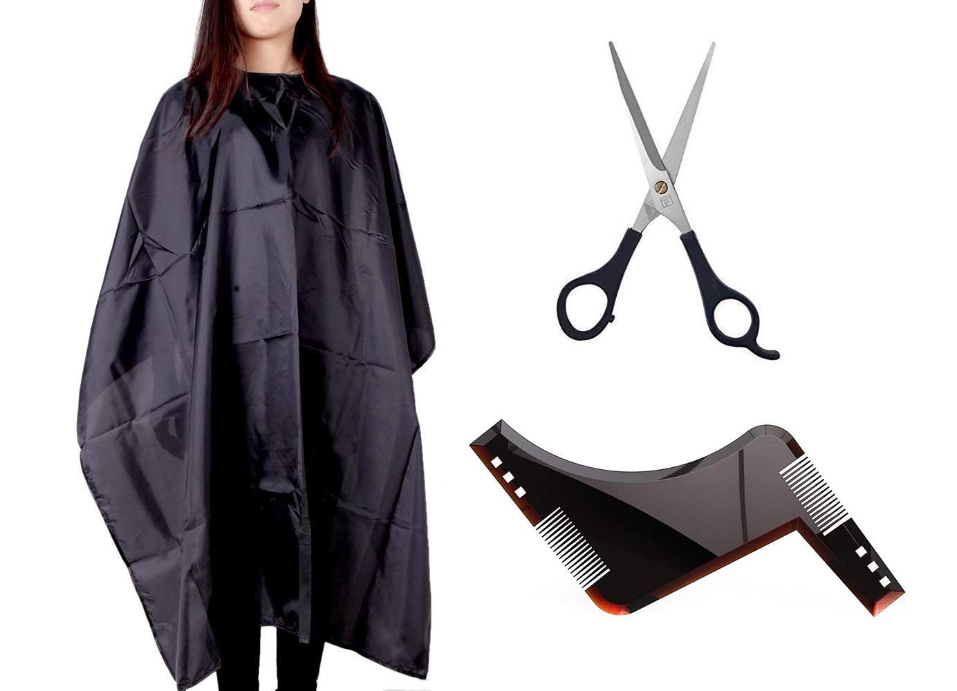 Professional OSEN Barber Salon Hair Cutting Cape with Beard Shaper Comb & Styling Scissors - Black Waterproof Hairdressing Accessories for Men's Grooming, Home Haircuts, and Salon Styling