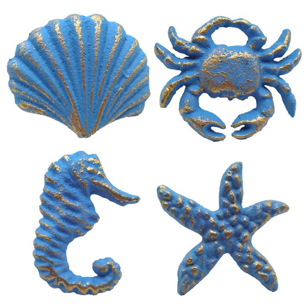 Vintage Cast Iron Drawer Pulls - 4 Pack Blue Ocean Theme for Cabinets & Dressers