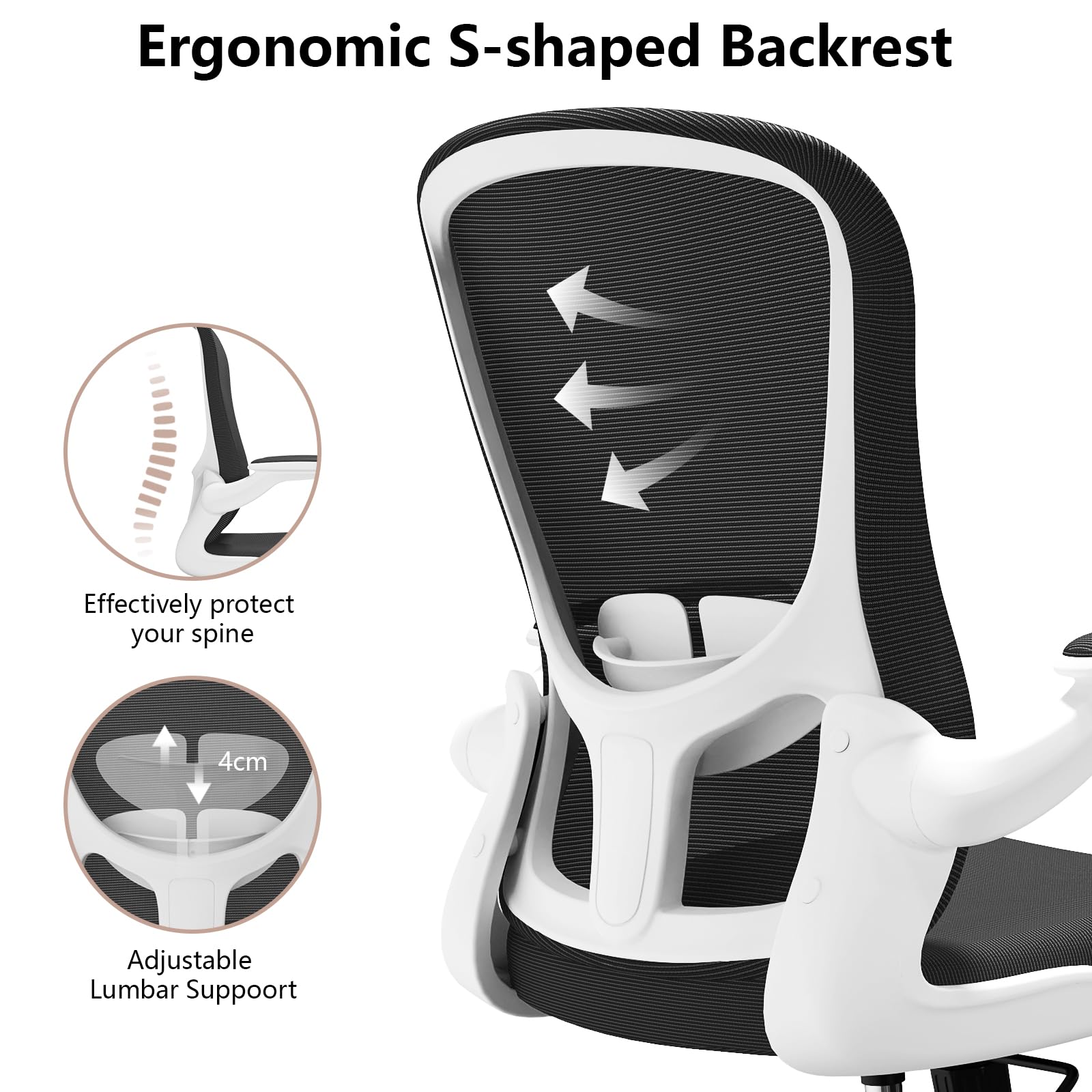 Ergonomic Office Chair with Lumbar Support - Adjustable Height & Flip-Up Arms - Breathable Mesh Desk Chair for Home & Office - Perfect for Long Work Hours, Gaming, and Study Sessions
