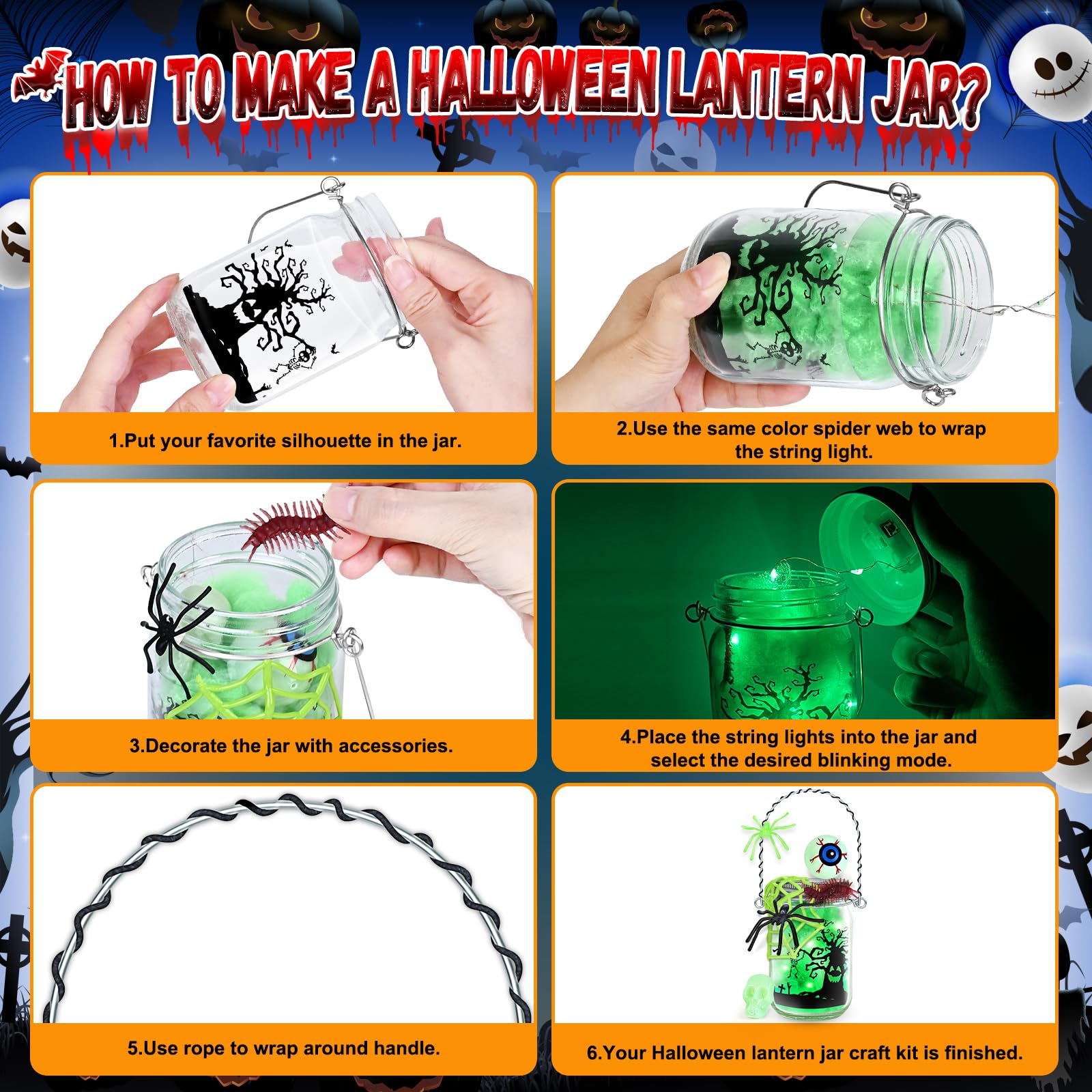 SpringFlower Halloween Craft Kit - 4 Pack Mason Jar Lanterns DIY Supplies for Kids & Adults | Creative Art Activities, Party Decorations & Spooky Home Decor