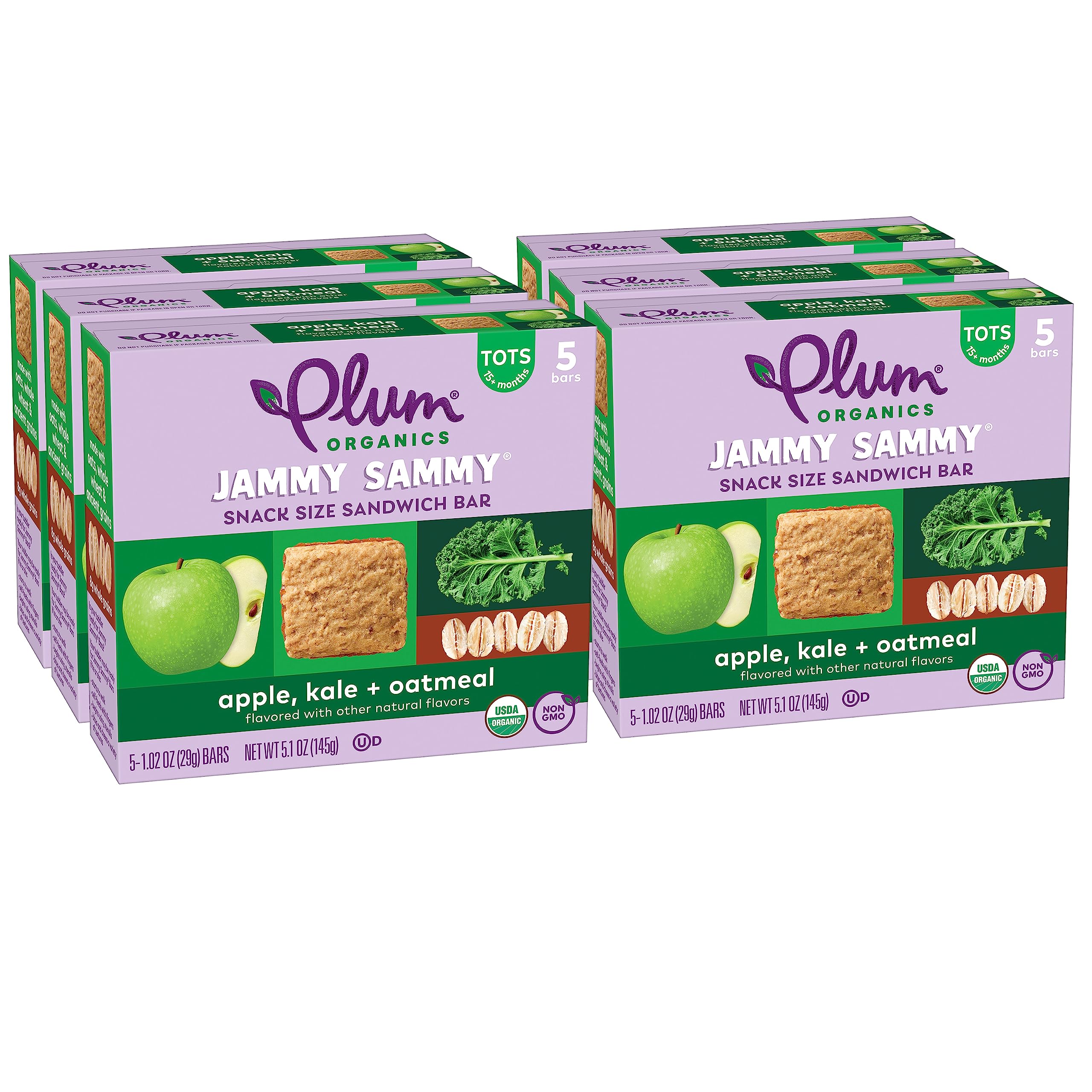 Organic Toddler Snack Bars - Plum Jammy Sammy Apple Kale Oatmeal - Pack of 30 for On-the-Go