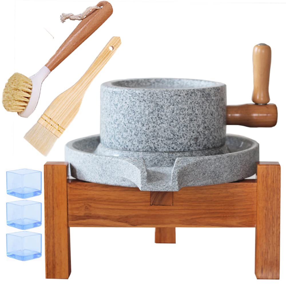 Premium Large Natural Granite Stone Mill - Handcrafted Manual Stone Grinder for Wheat, Grains & Spices - Traditional Wooden Stand (9.8x15.7 Inches) - Perfect for Home Baking, Organic Flour Making & Artisan Cooking