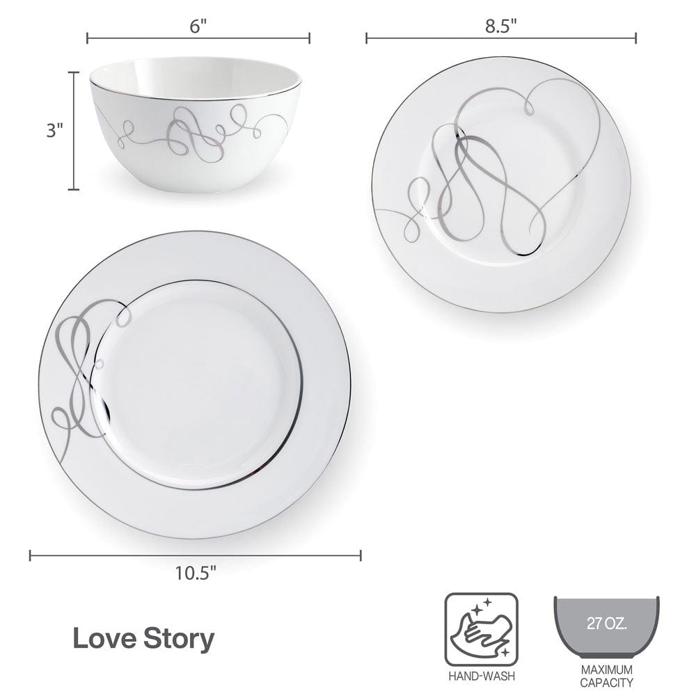 Love Story 24-Piece Dinnerware Set - Service for 8 People | Elegant Porcelain Dinner Plates, Salad Plates, Bowls & Mugs | Perfect for Family Dinners, Holiday Entertaining & Wedding Registries