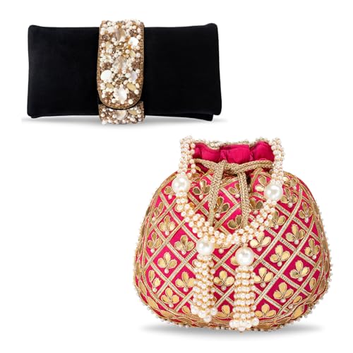 Black Cluth with Rani Pink Potli