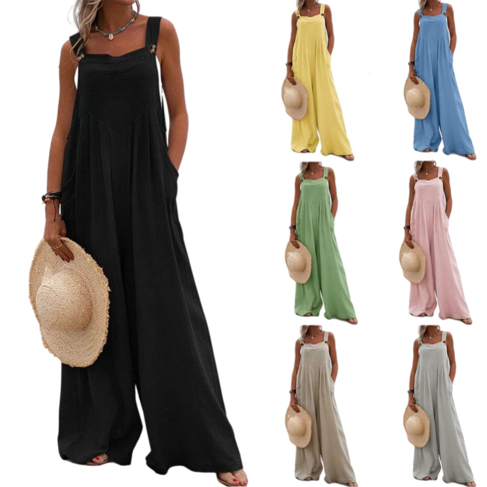 Women's Wide Leg Jumpsuit - Casual Sleeveless Tank Romper with Button Suspender Overalls & Pockets | Perfect for Summer Outfits, Beach Wear, and Casual Street Style
