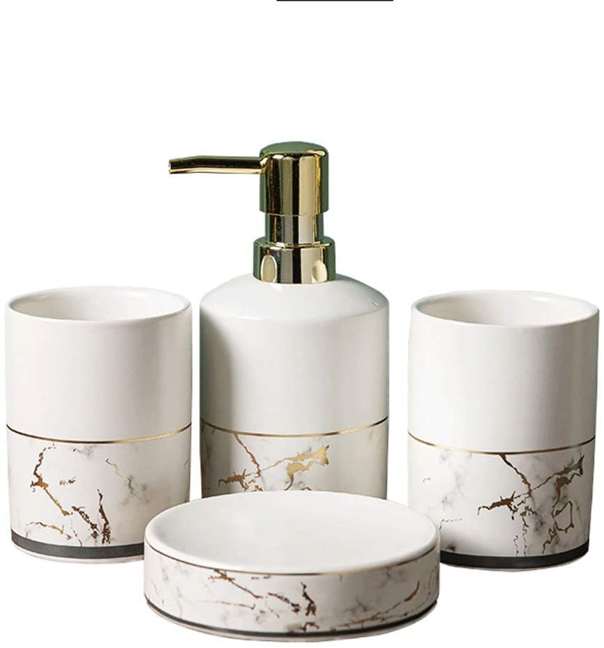 Marble Soap Dispenser and Pump Set - 4-Piece Bathroom Accessories Kit with 300ml/10.1oz Liquid Dispenser, Soap Dish & 2 Tumblers - Elegant Rhombus Design for Modern Bathroom, Shower, and Vanity Organization