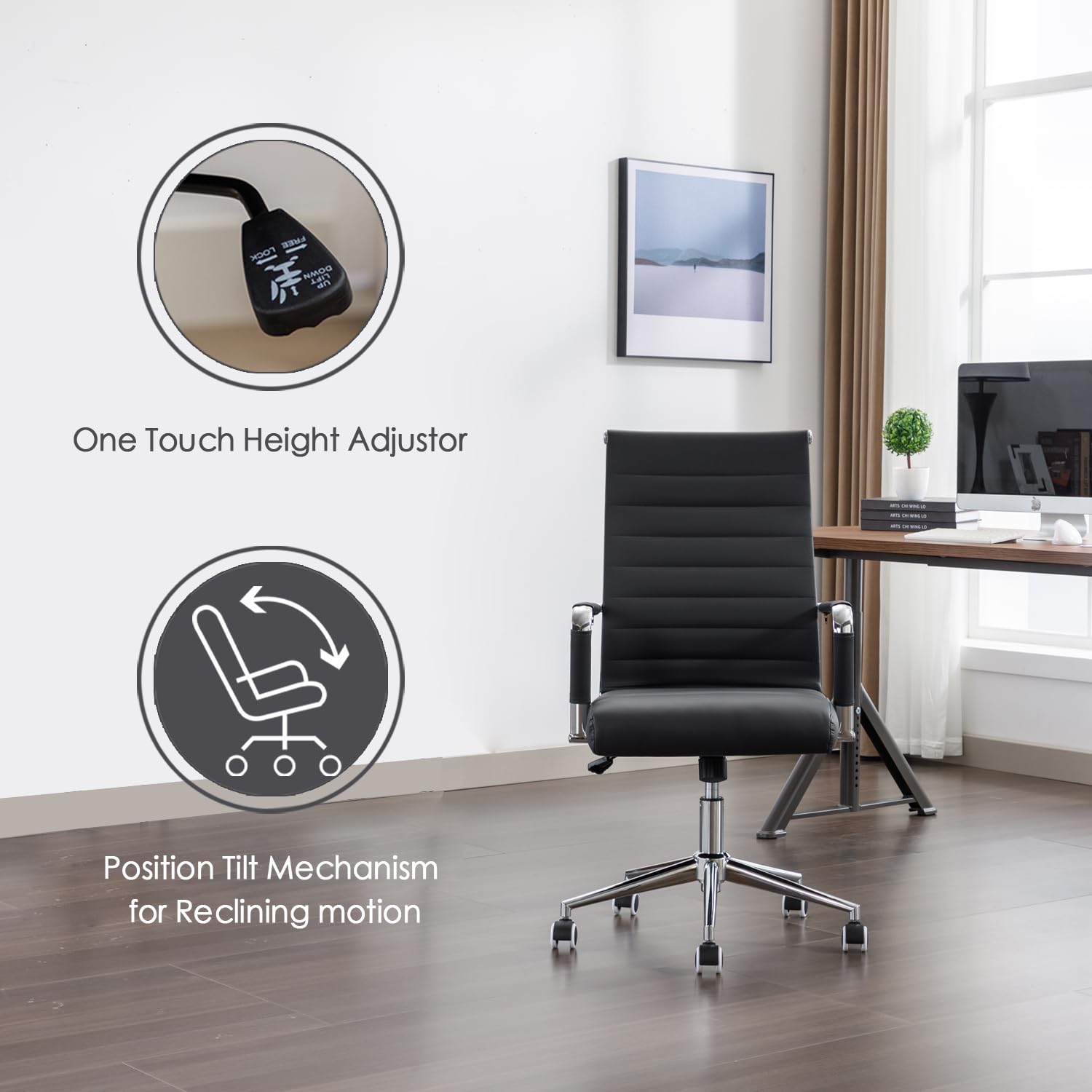 Premium Ergonomic Office Chair - Leather Executive Desk Chair with Wheels, Modern Ribbed Design for Conference Rooms & Home Offices (Black) - Ideal for Long Work Hours & Professional Workspaces
