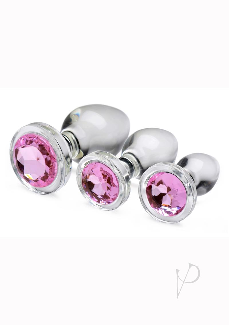 Booty Sparks Pink Gem Glass Anal Plug Set - 3 Piece Jeweled Butt Plug Kit for Women & Men - Sensual Adult Toys for Couples & Solo Play - Perfect for BDSM, Anal Training & Intimate Pleasure