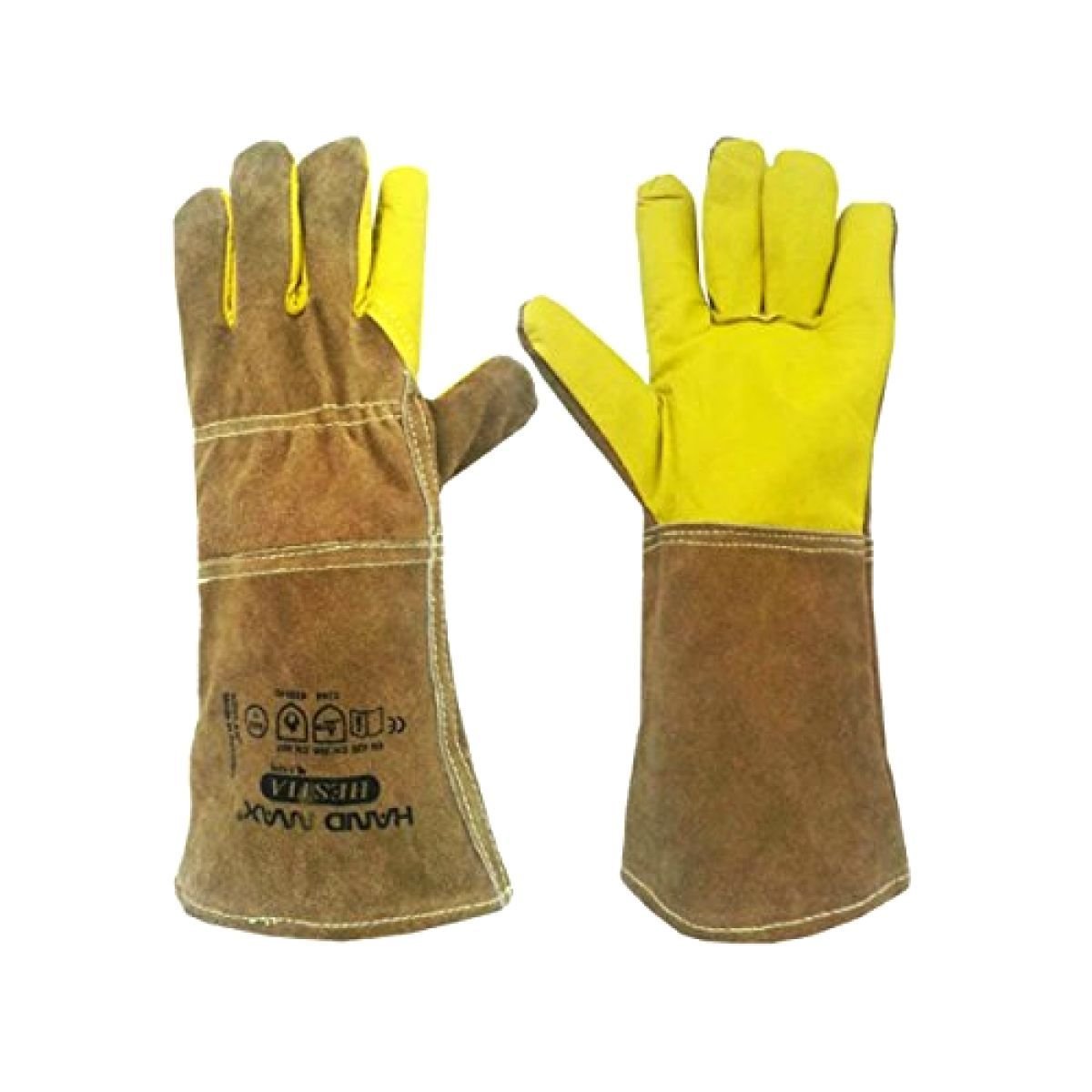 Hand Max 14-Inch Cowhide Leather Kevlar Heat Resistant Work Gloves - Multi-Purpose Gauntlet Gloves for Welding, Grinding & Heavy Duty Industrial Use