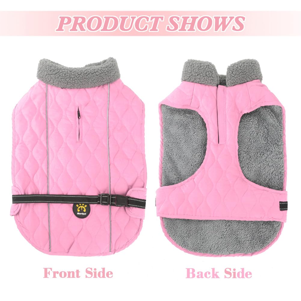 Warm Windproof Dog Winter Jackets with Fleece Lining & Reflective Strips - Furry Collar Winter Coats for Large Dogs (Pink) - Perfect for Cold Weather Walks & Outdoor Adventures