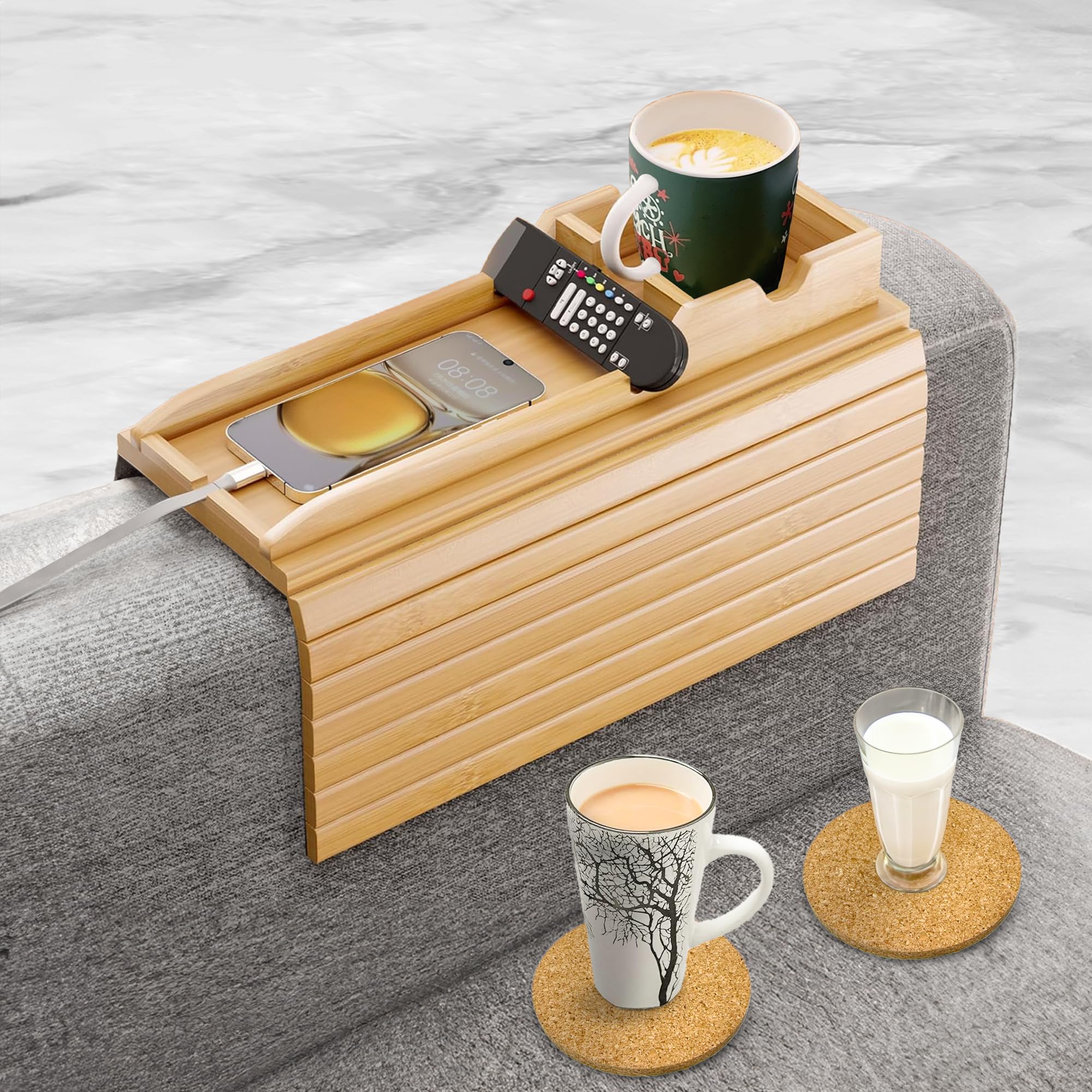 Foldable Bamboo Sofa Armrest Tray with 2 Cork Coasters & Anti-Slip Design - Spill-Proof Holder for Remote, Phone, Drinks & Snacks - Perfect for Living Room, Bedroom & Home Theater Relaxation