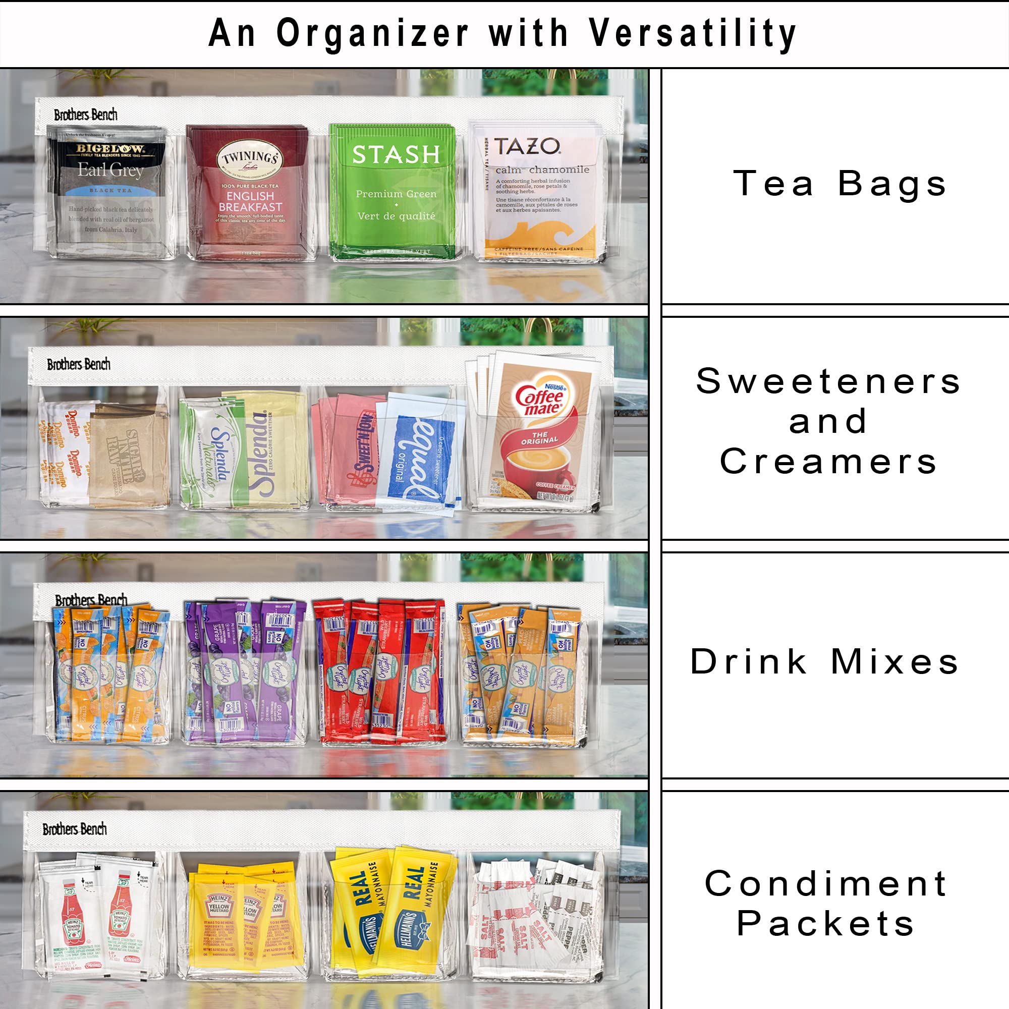 Clear Tea Bag Organizer - Holds 52 Tea Bags, Space-Saving Tea Storage Box with 3M Strips for Cabinet & Pantry Doors (13